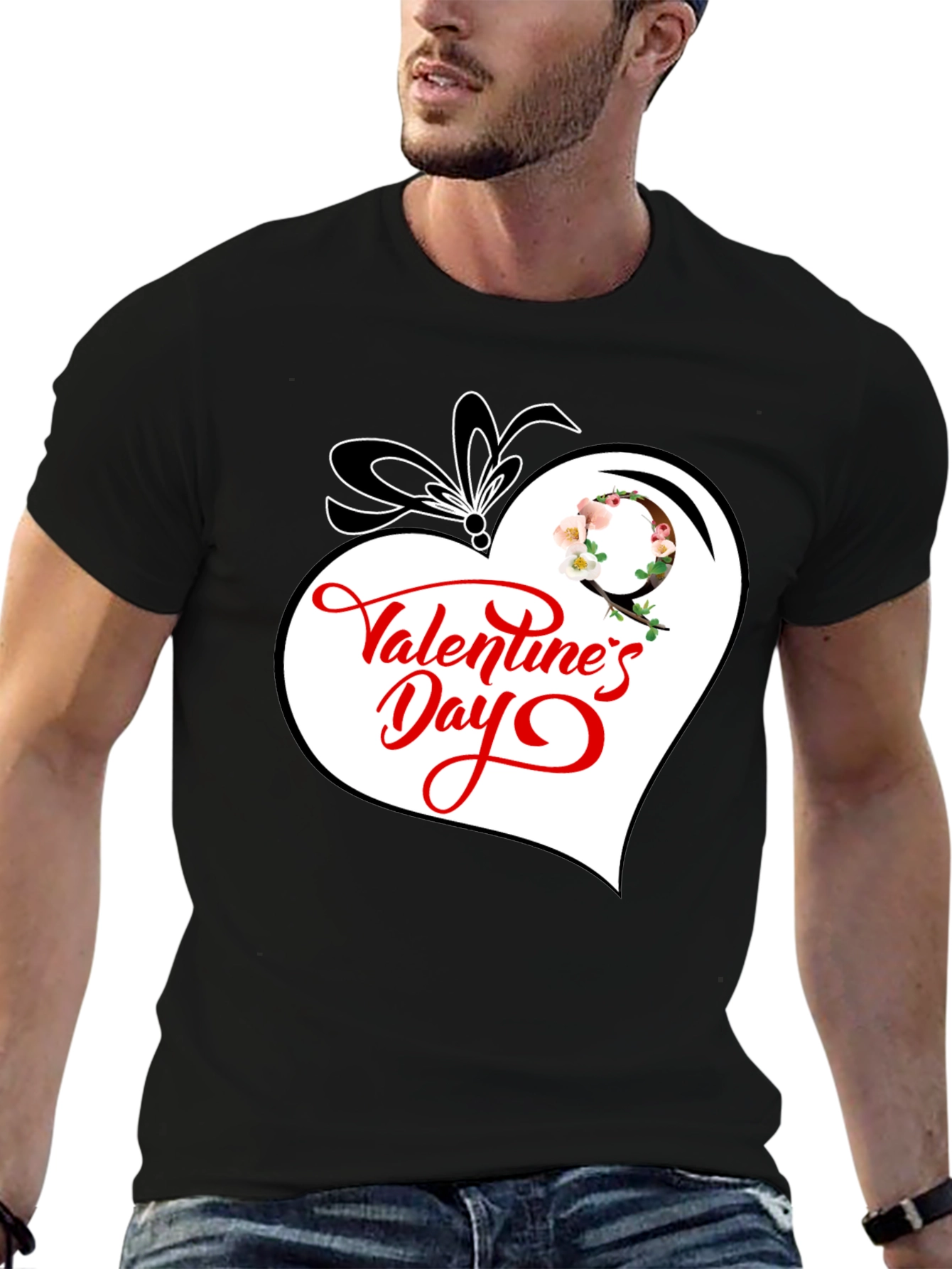 Valentines Day Heart Graphic Tee - Black Cotton Blend