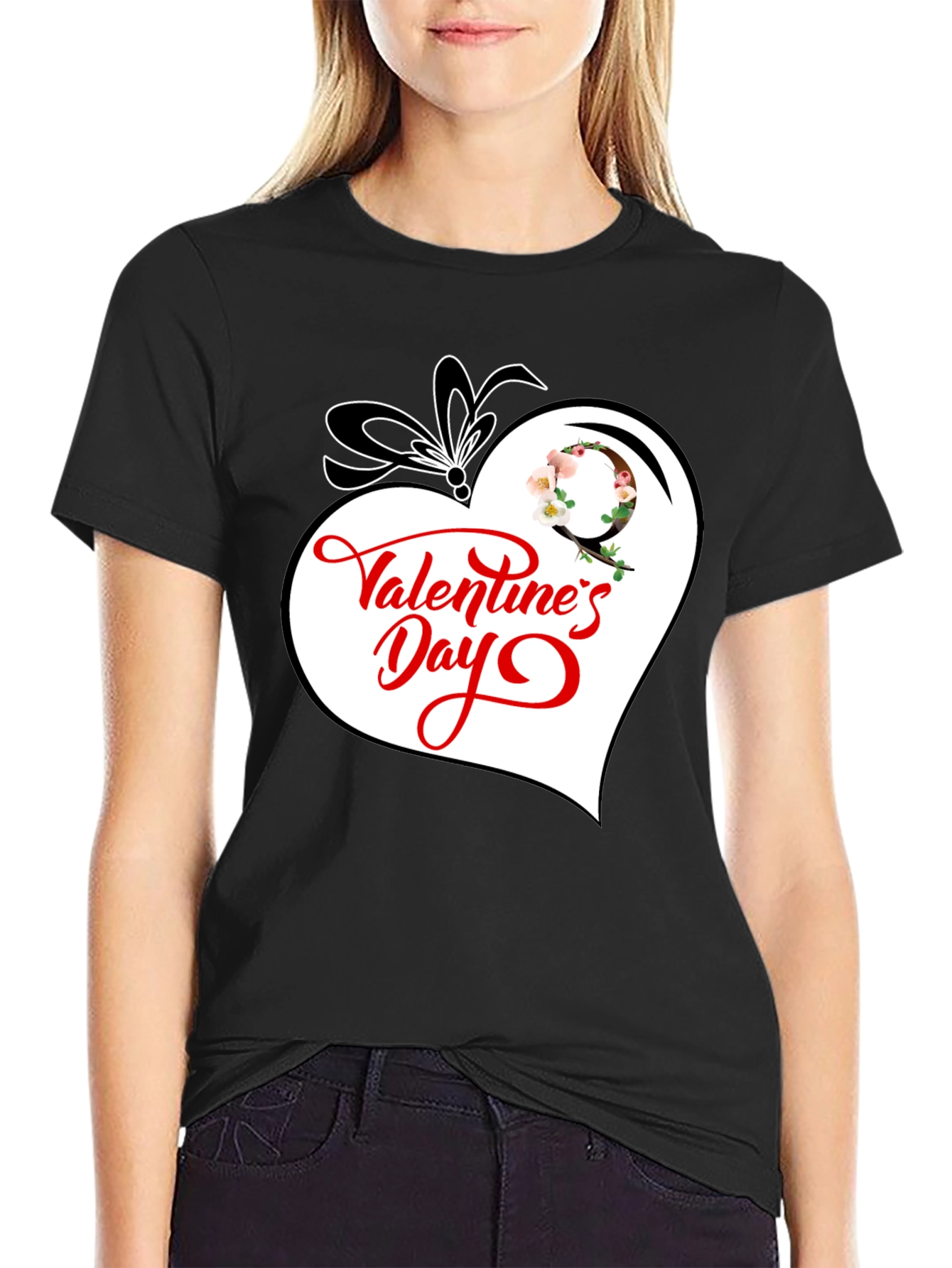 Valentines Day Heart Graphic Tee - Black Cotton Blend