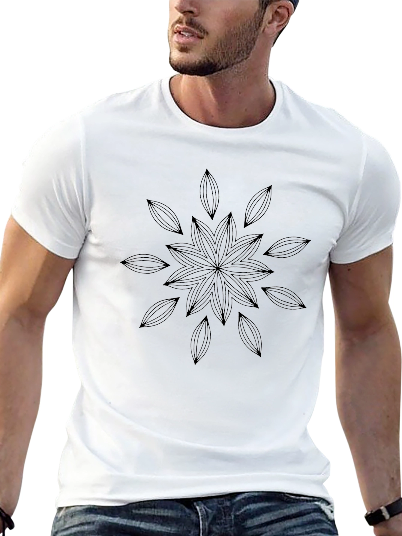 Black T-Shirt with Geometric Floral Mandala