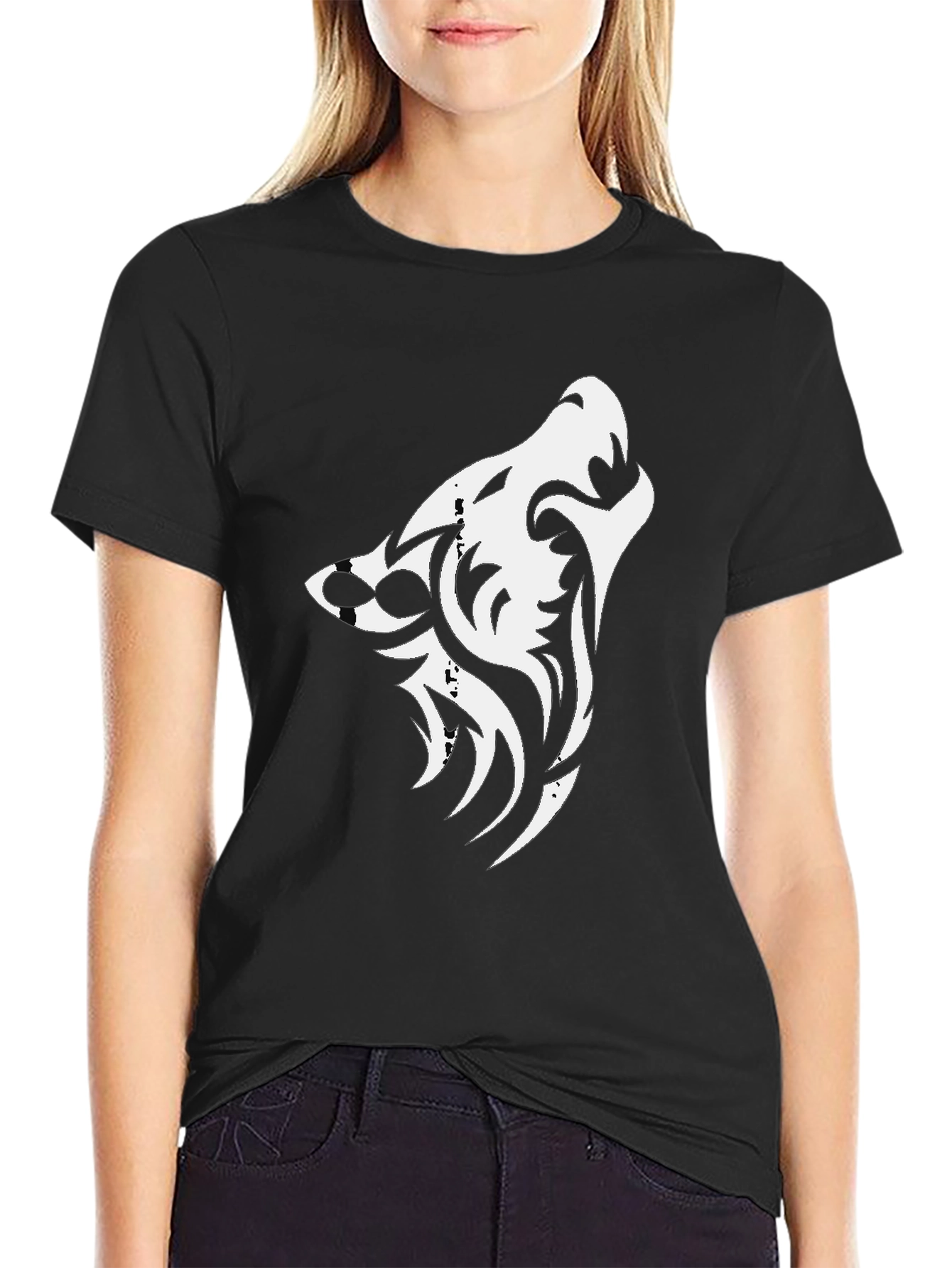 Tribal Wolf Graphic Black Tee