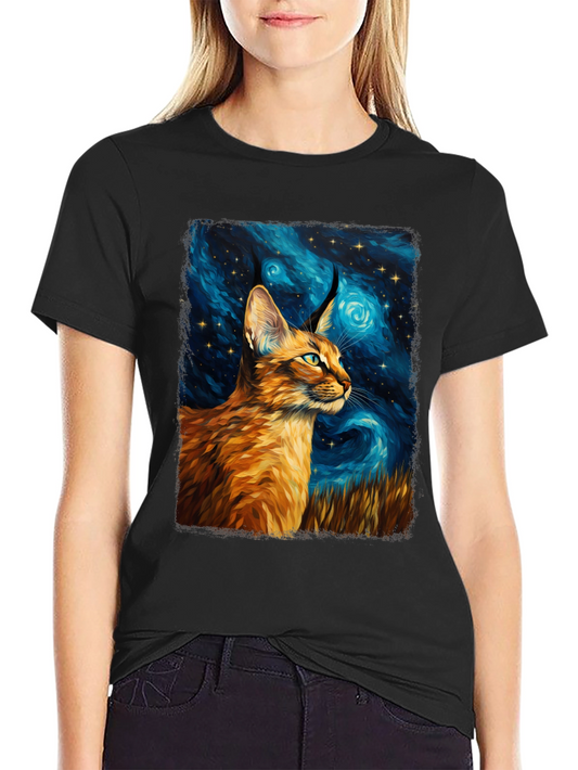 Caracal Cat Starry Night Art Black T-Shirt