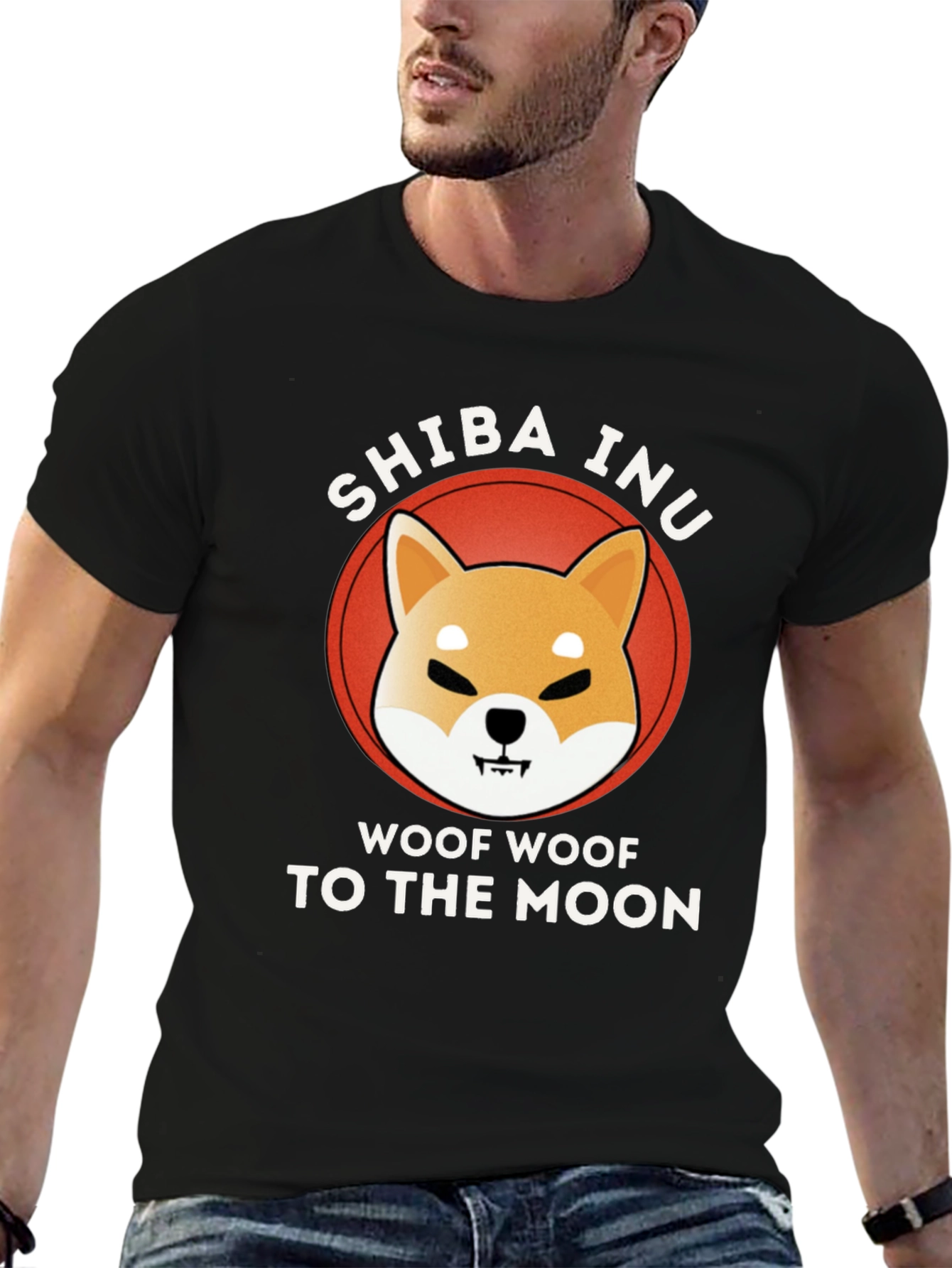 Shiba Inu Woof Moon Black T-Shirt