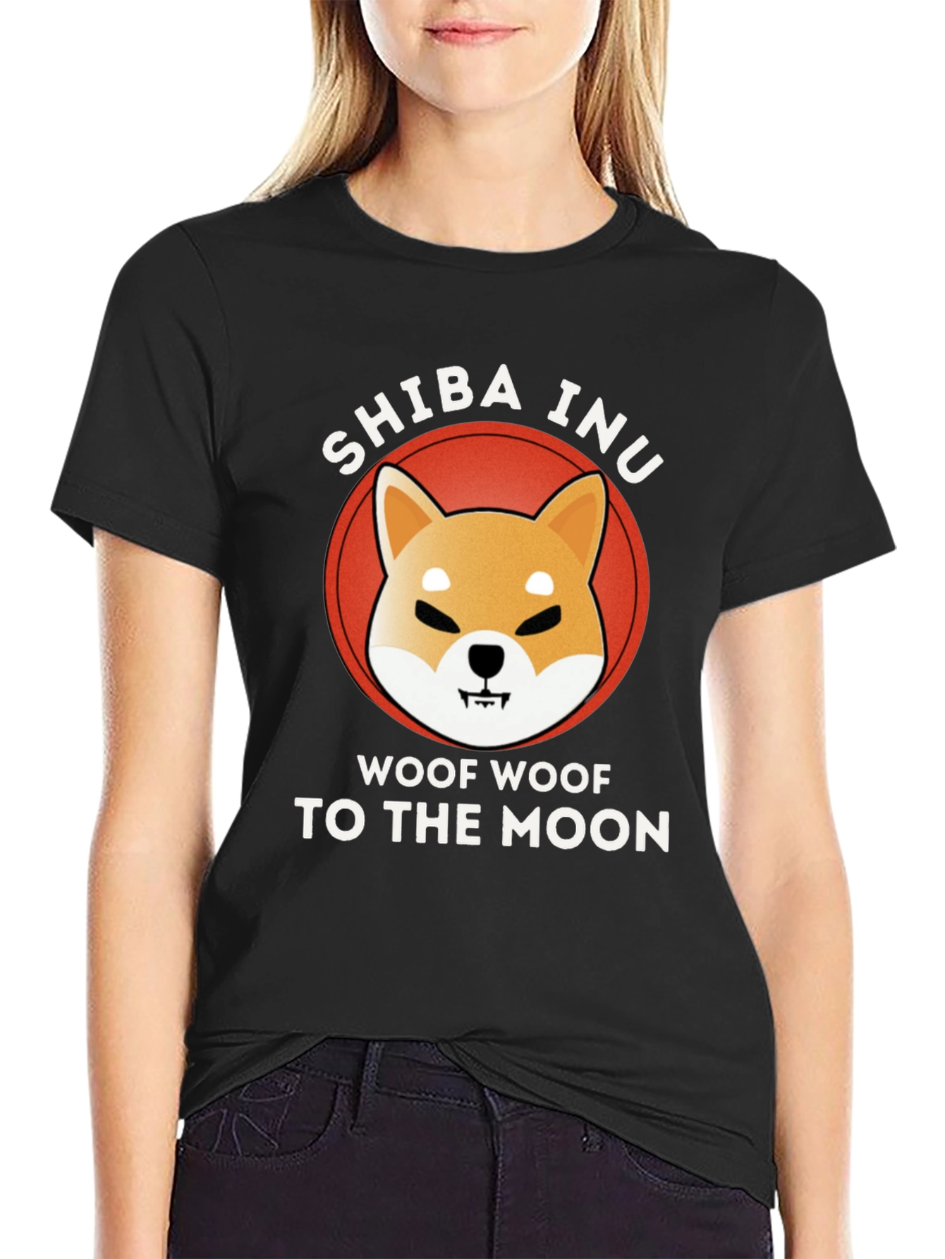 Shiba Inu Woof Moon Black T-Shirt