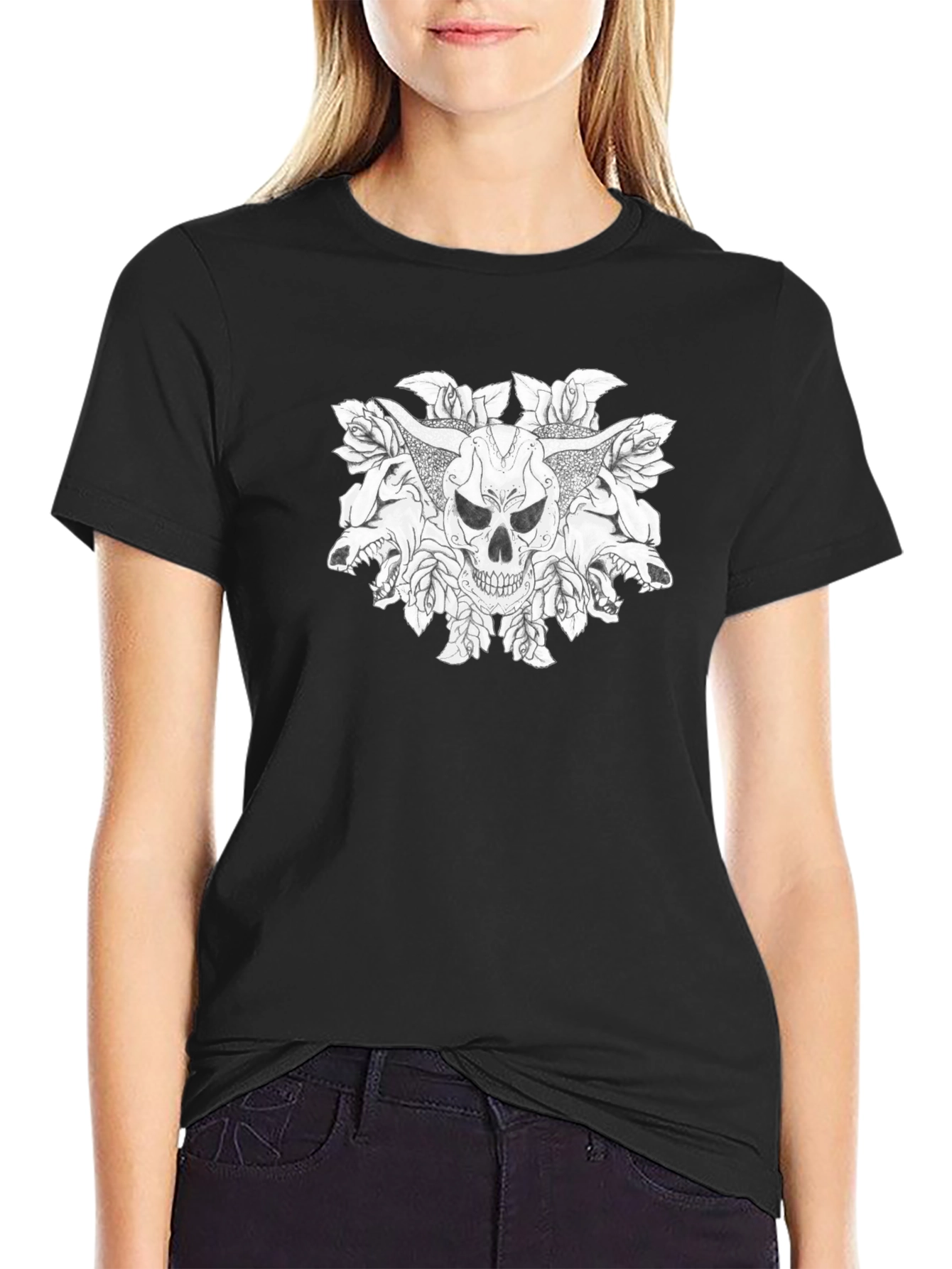 Skull & Roses Graphic Tee - Bold Black T-Shirt