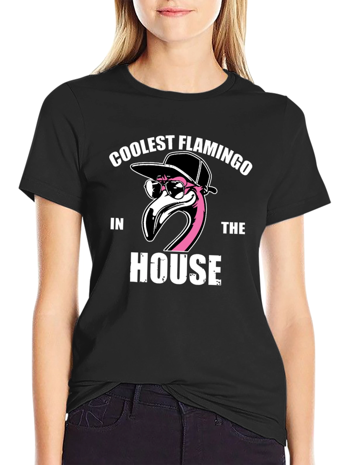 Coolest Flamingo in the House Black Graphic Tee