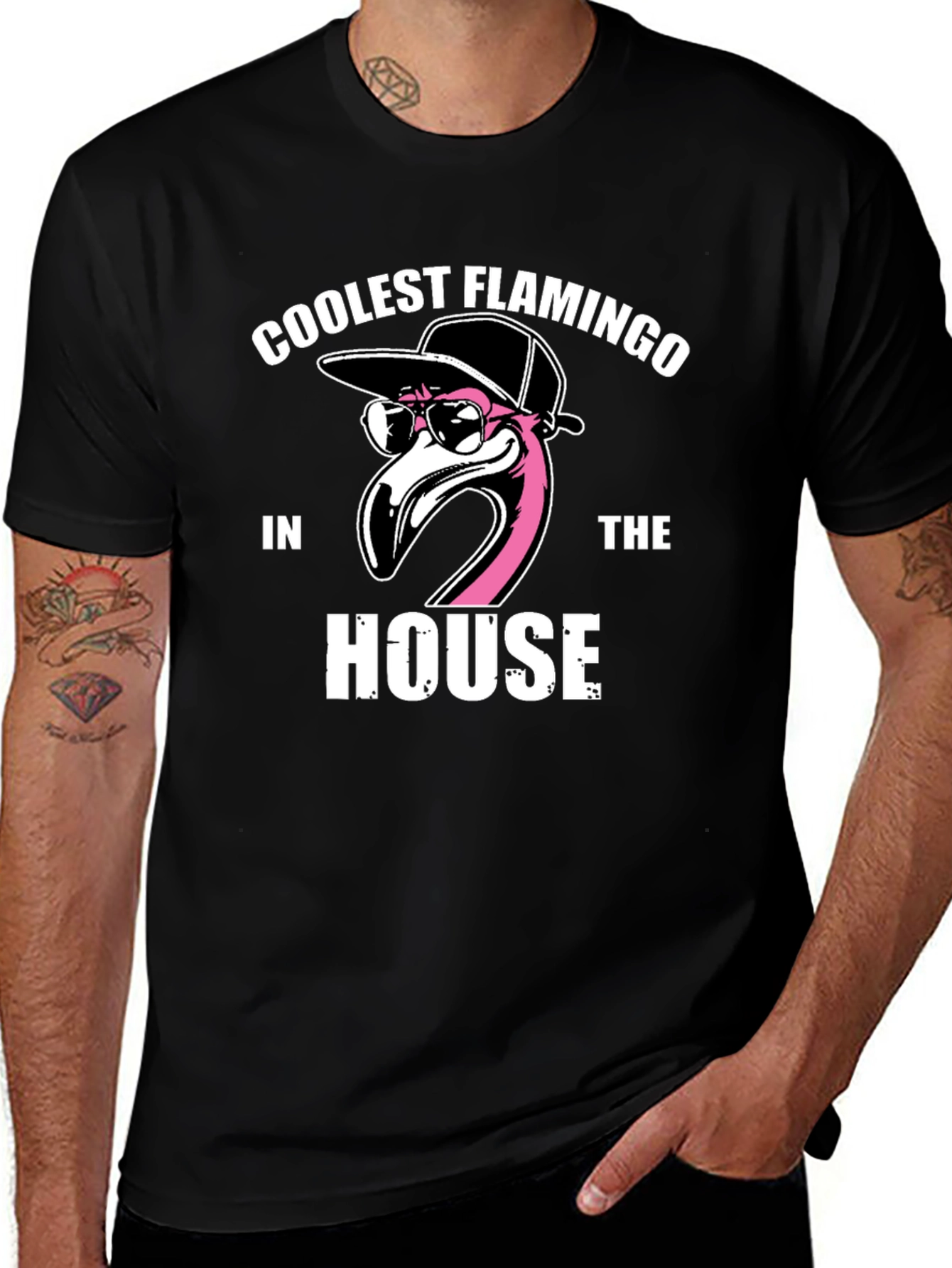 Coolest Flamingo in the House Black Graphic Tee