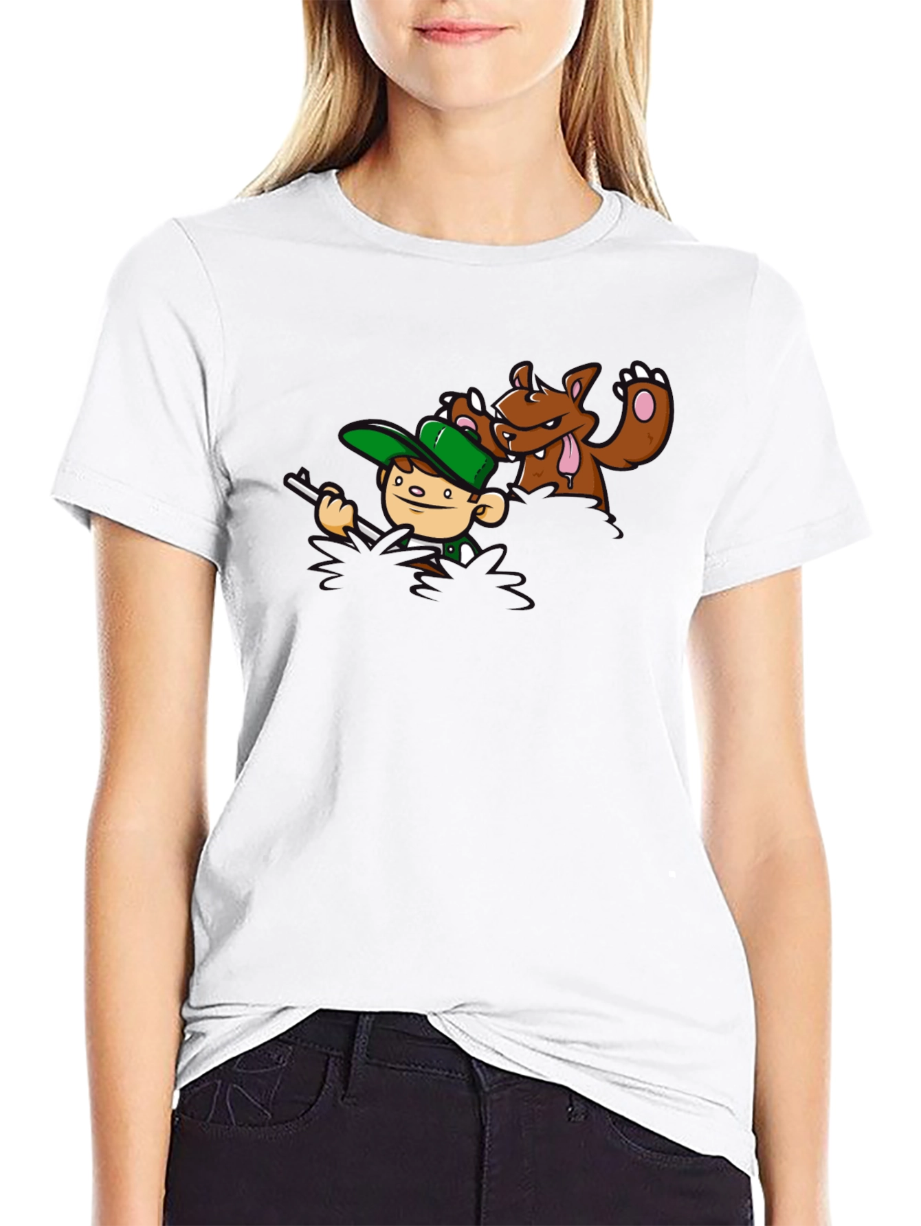 Cartoon Hunter vs. Bear Graphic T-Shirt