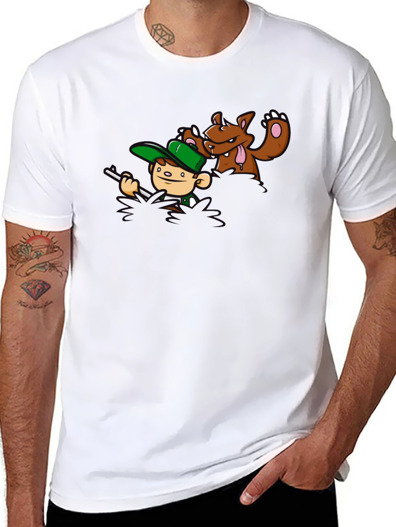 Cartoon Hunter vs. Bear Graphic T-Shirt