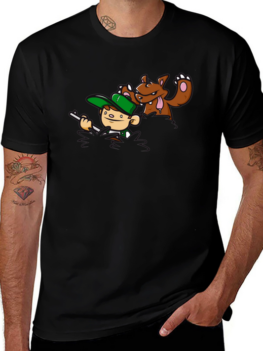 Cartoon Hunter vs. Bear Graphic T-Shirt