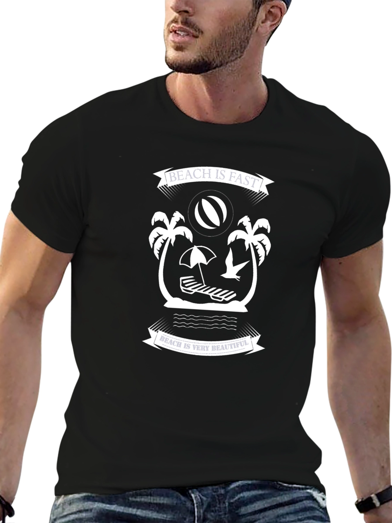 Black Graphic Tee: Beach is Fast/Beautiful
