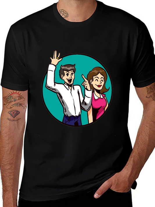 Cartoon Couple Graphic Tee - Black Casual Shirt