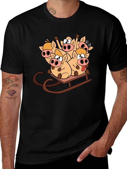 Funny Pigs on Sled Black T-Shirt
