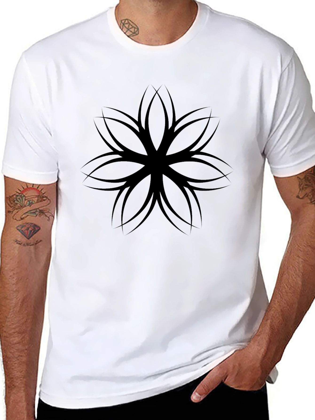 Mens Black T-Shirt with Geometric Flower Design