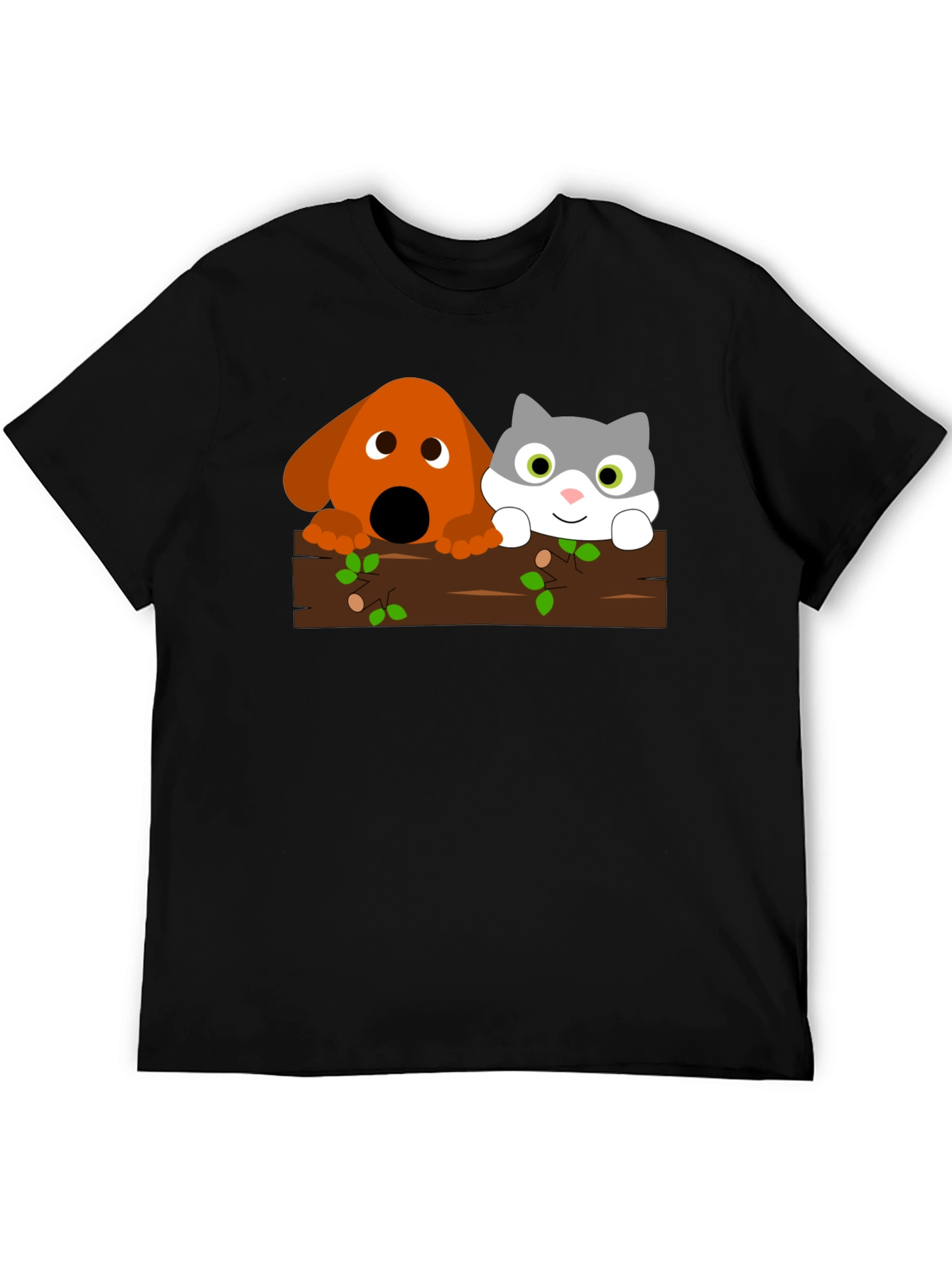 Dog & Cat Cartoon Graphic Black T-Shirt