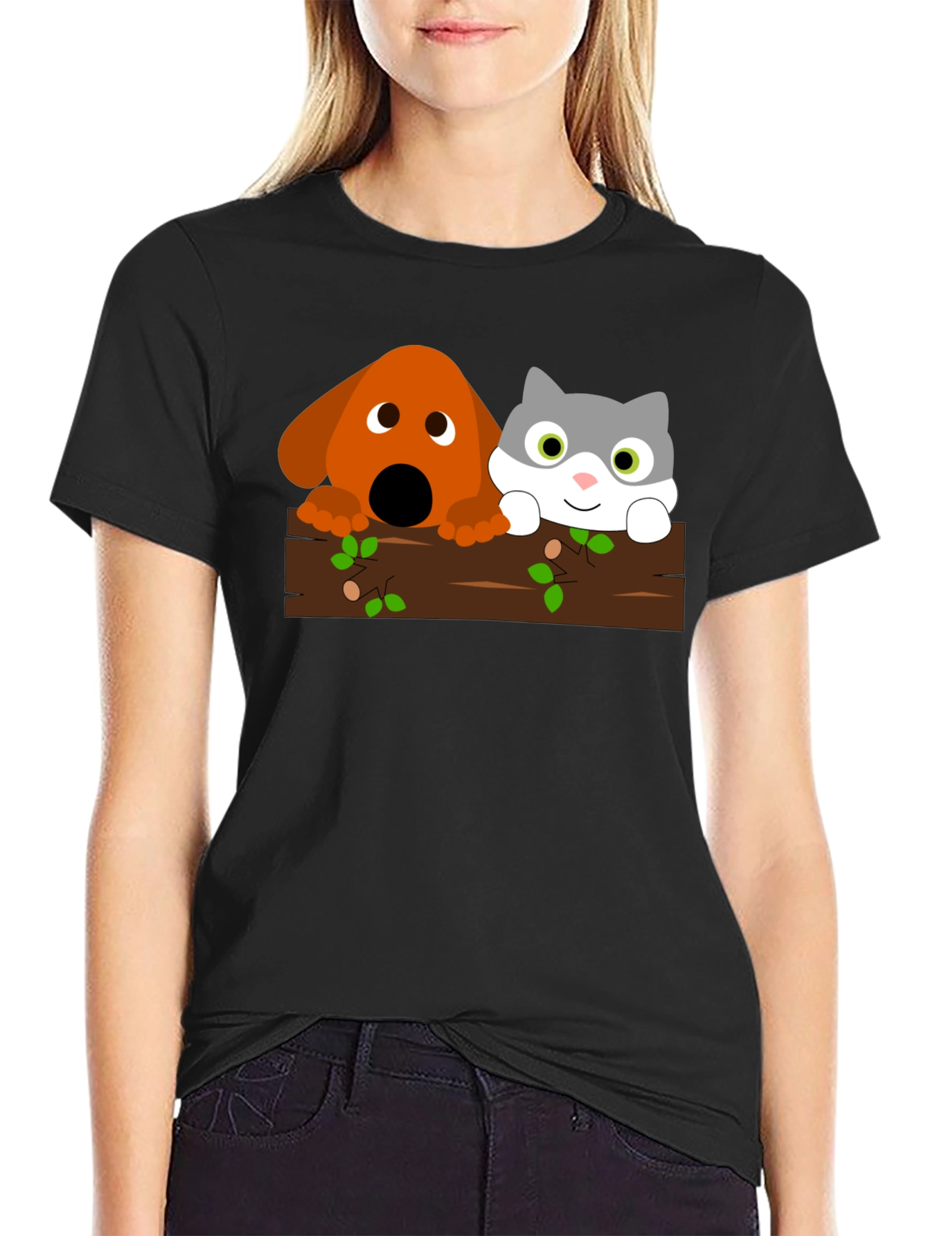 Dog & Cat Cartoon Graphic Black T-Shirt