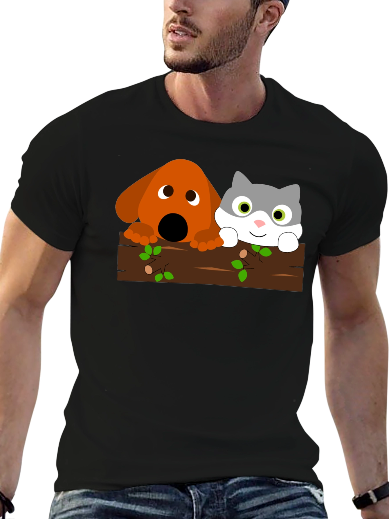 Dog & Cat Cartoon Graphic Black T-Shirt