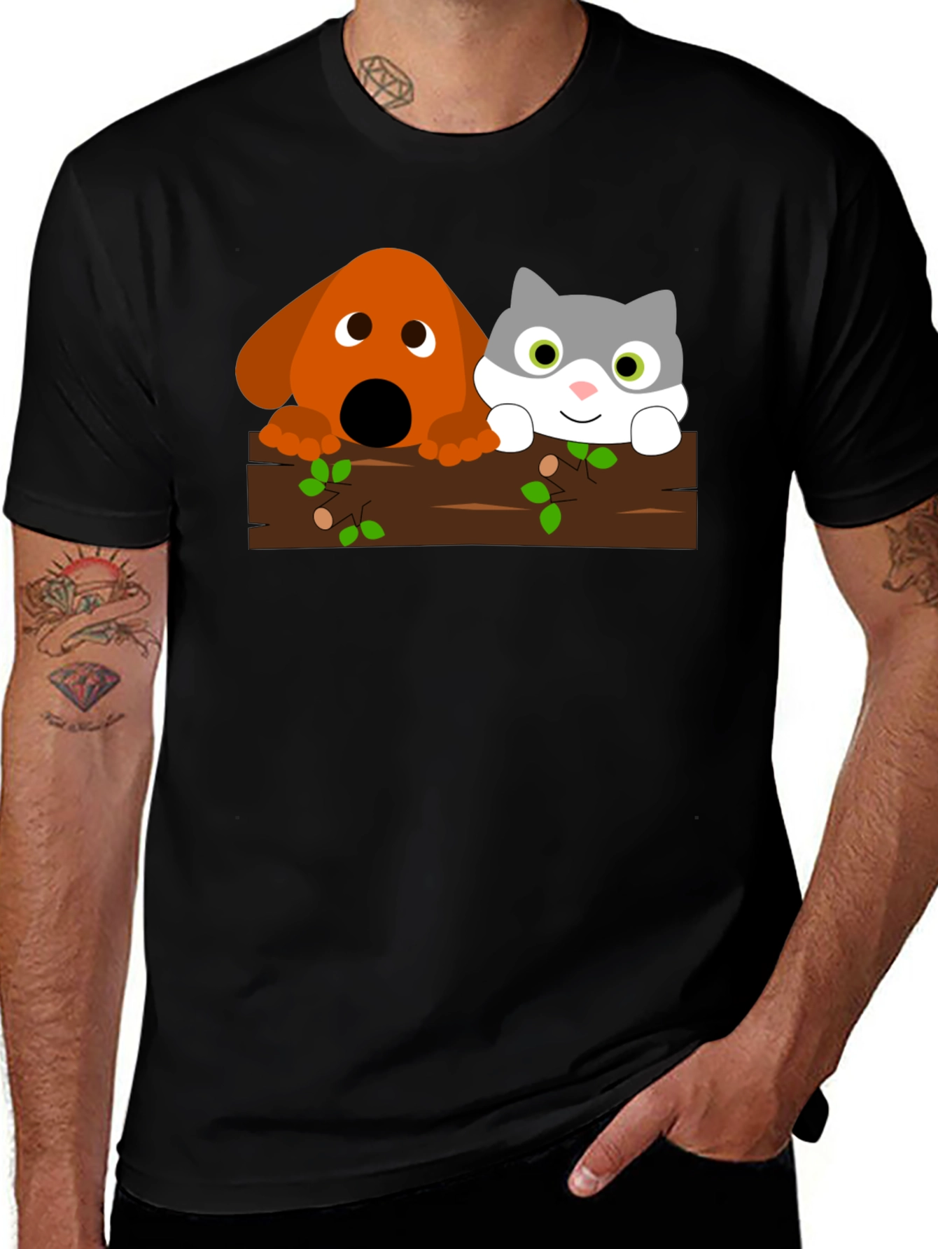 Dog & Cat Cartoon Graphic Black T-Shirt