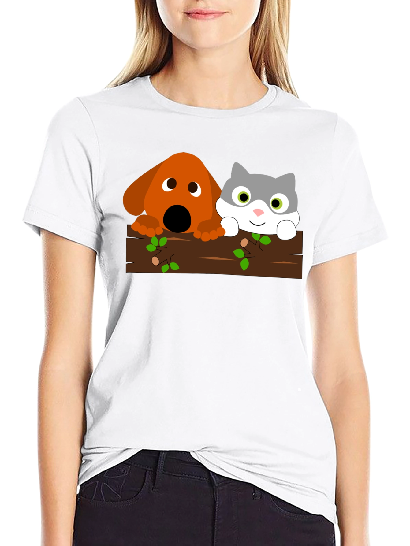 Dog & Cat Cartoon Graphic Black T-Shirt