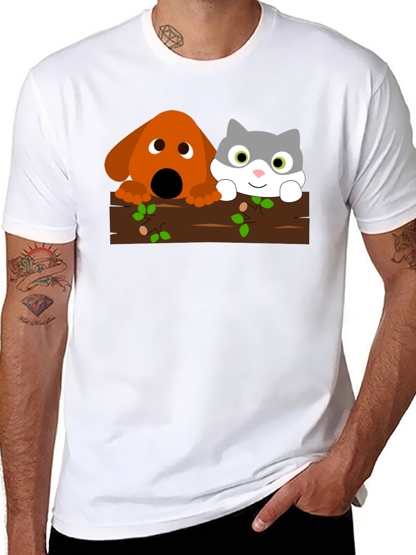 Dog & Cat Cartoon Graphic Black T-Shirt