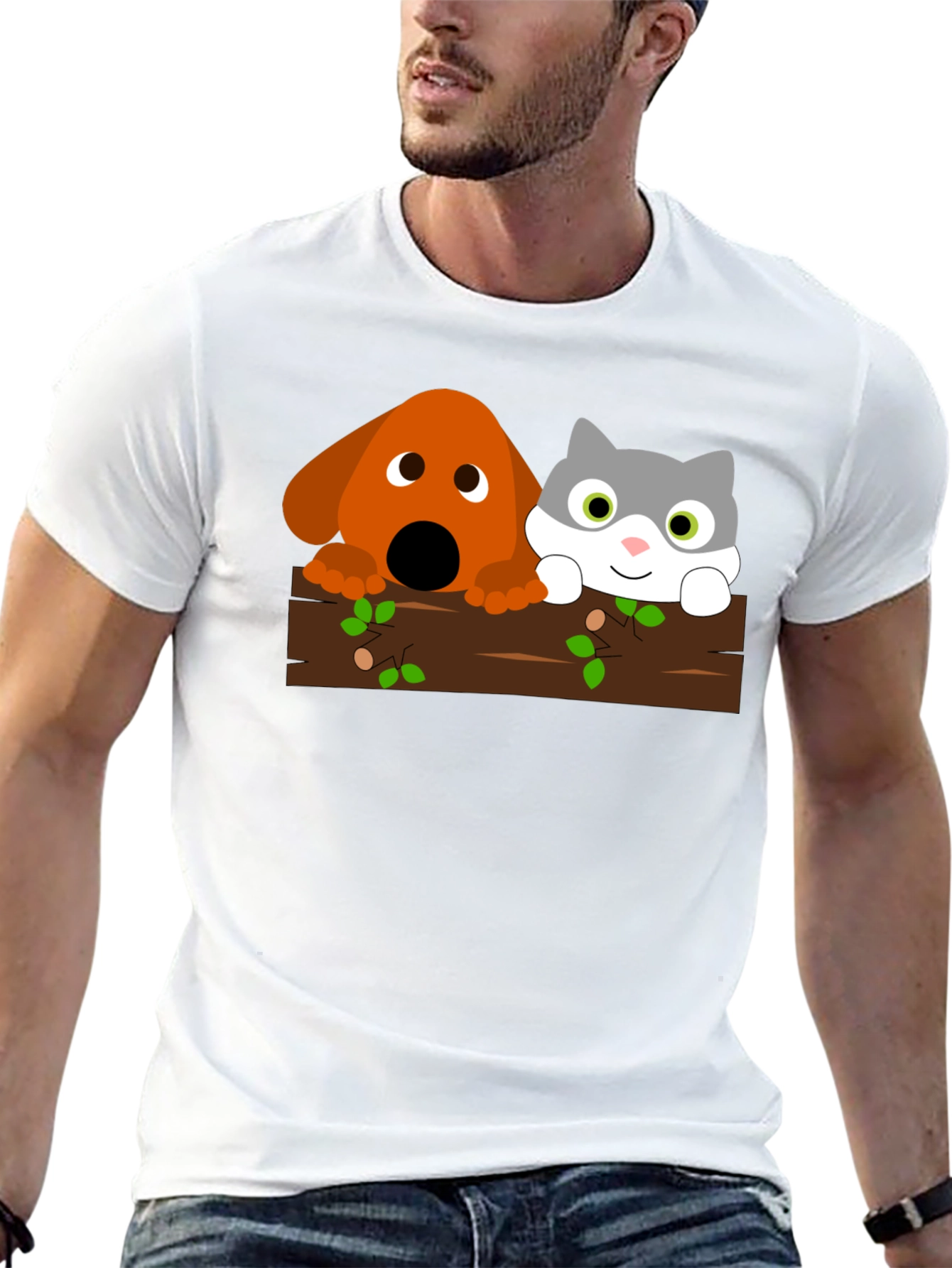 Dog & Cat Cartoon Graphic Black T-Shirt