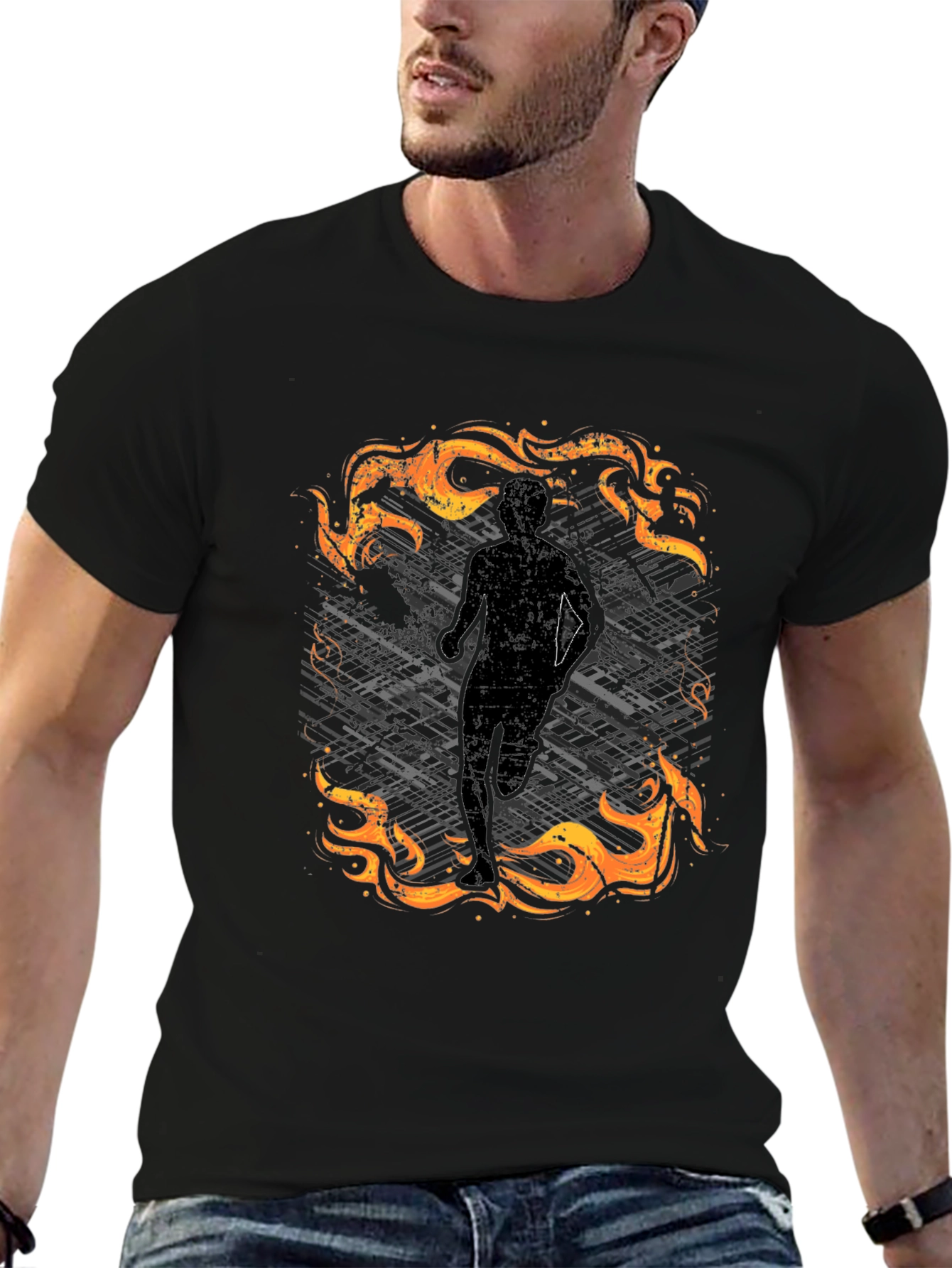 Mens Black Graphic Tee - Running in Flames Design