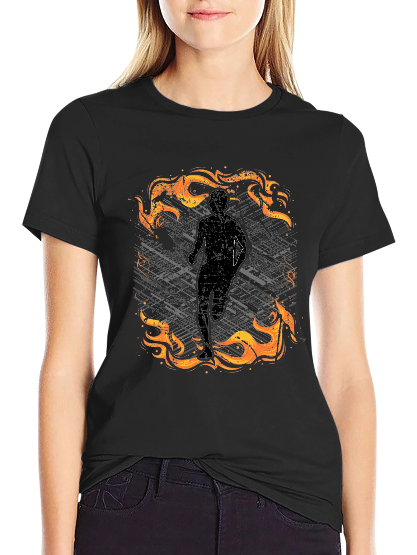 Mens Black Graphic Tee - Running in Flames Design