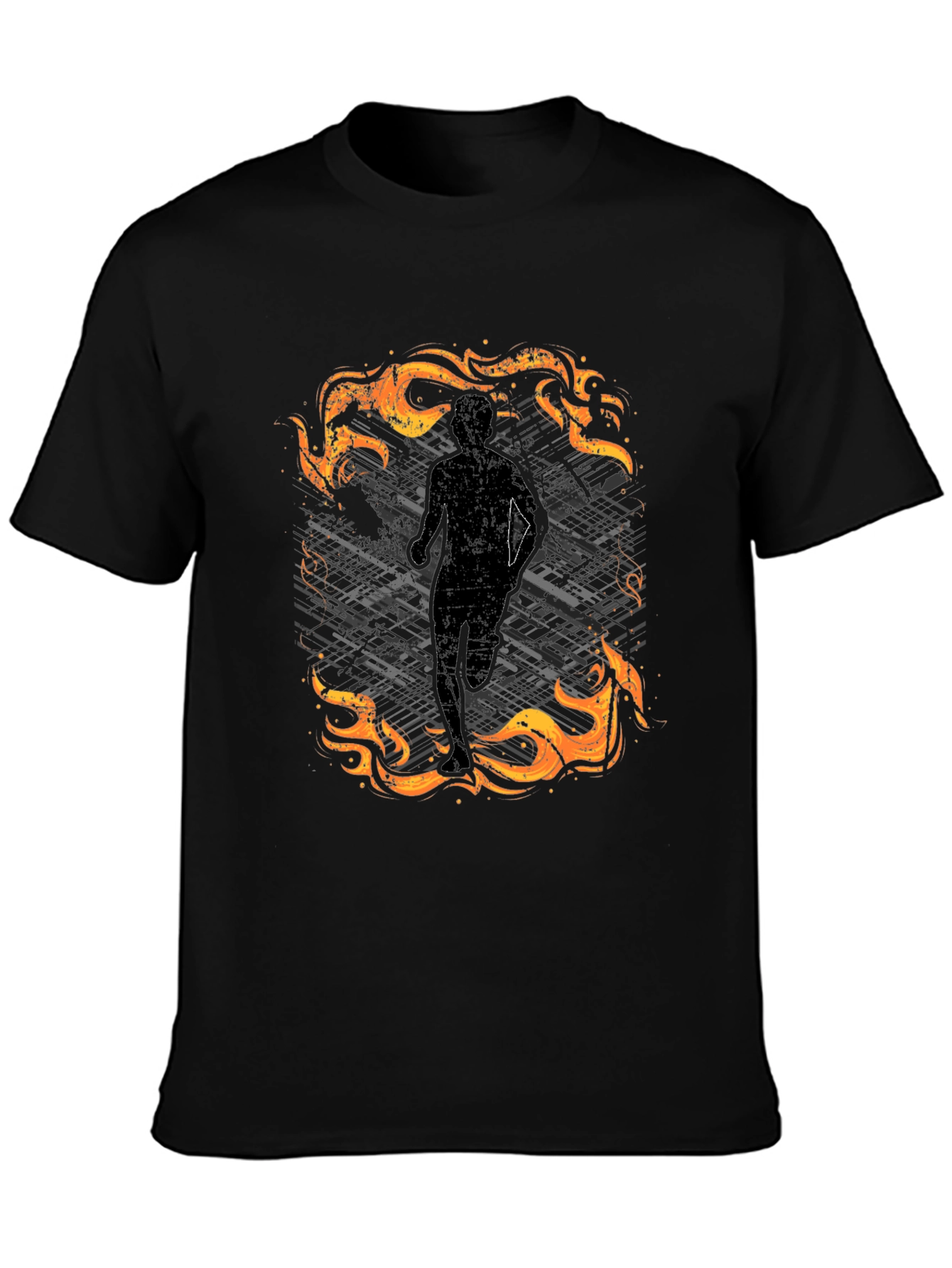 Mens Black Graphic Tee - Running in Flames Design