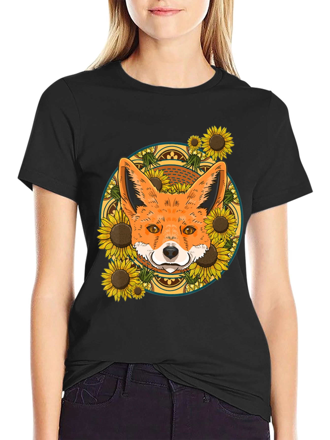 Fox & Sunflower Graphic Tee - Nature Lovers T-Shirt