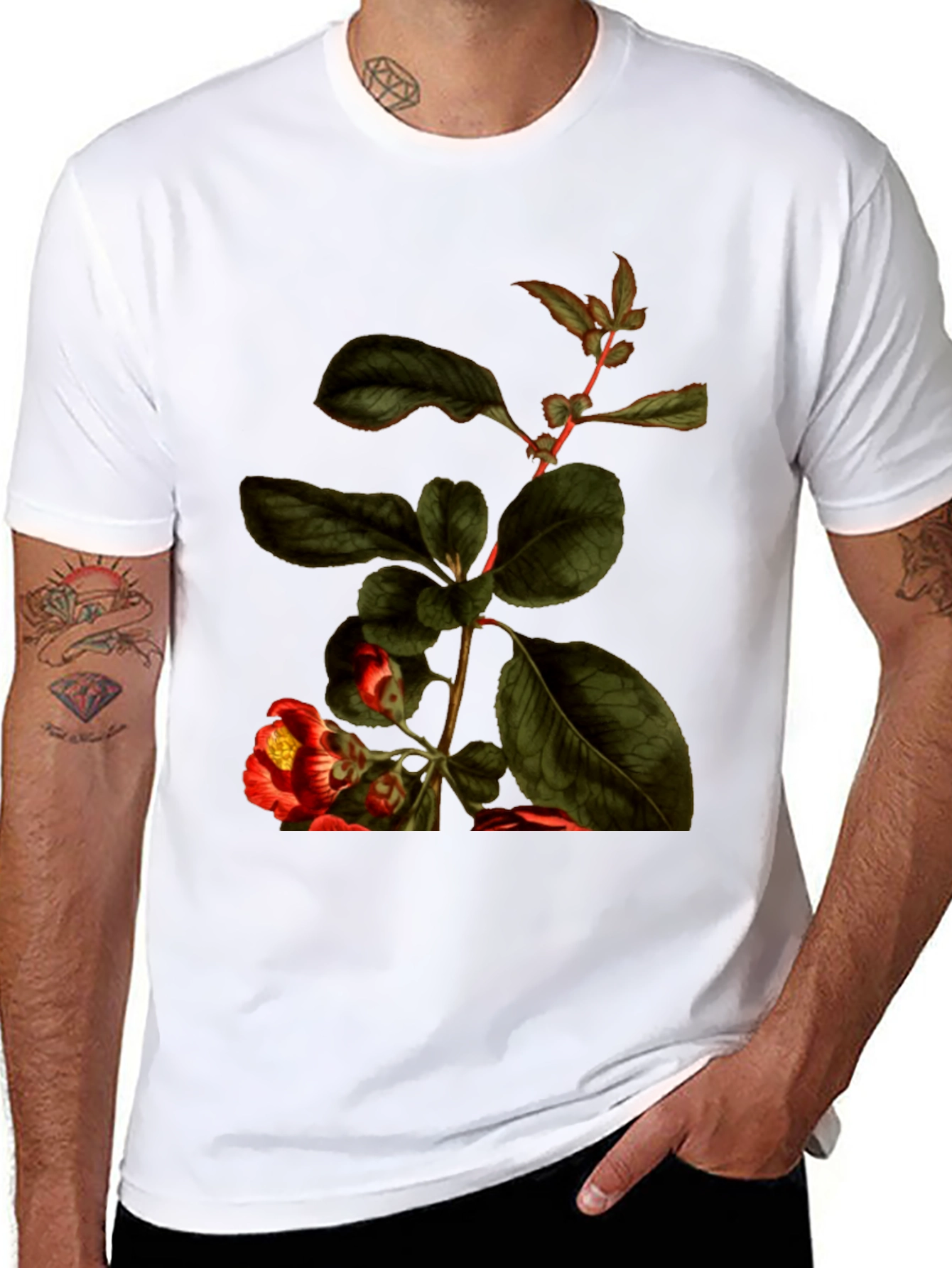 Botanical Print Black T-Shirt - Nature Inspired Tee
