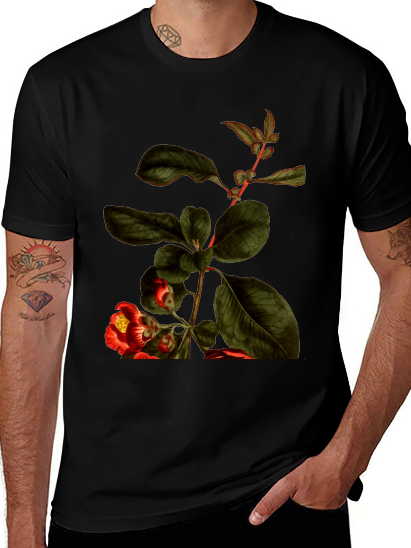 Botanical Print Black T-Shirt - Nature Inspired Tee
