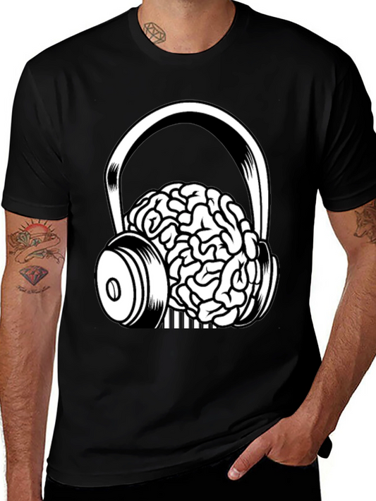 Brain in Headphones Graphic Tee - Black Cotton T-Shirt