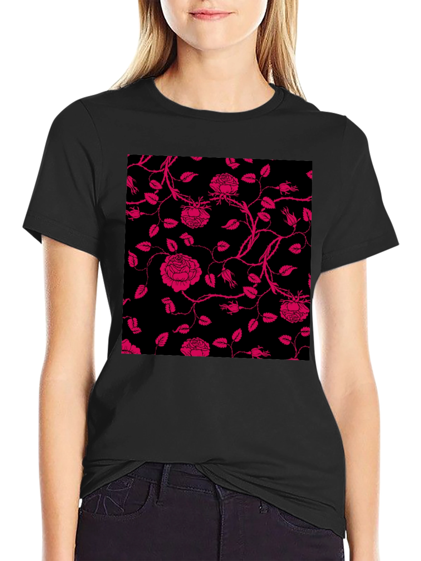 Floral Rose Print T-Shirt - Black