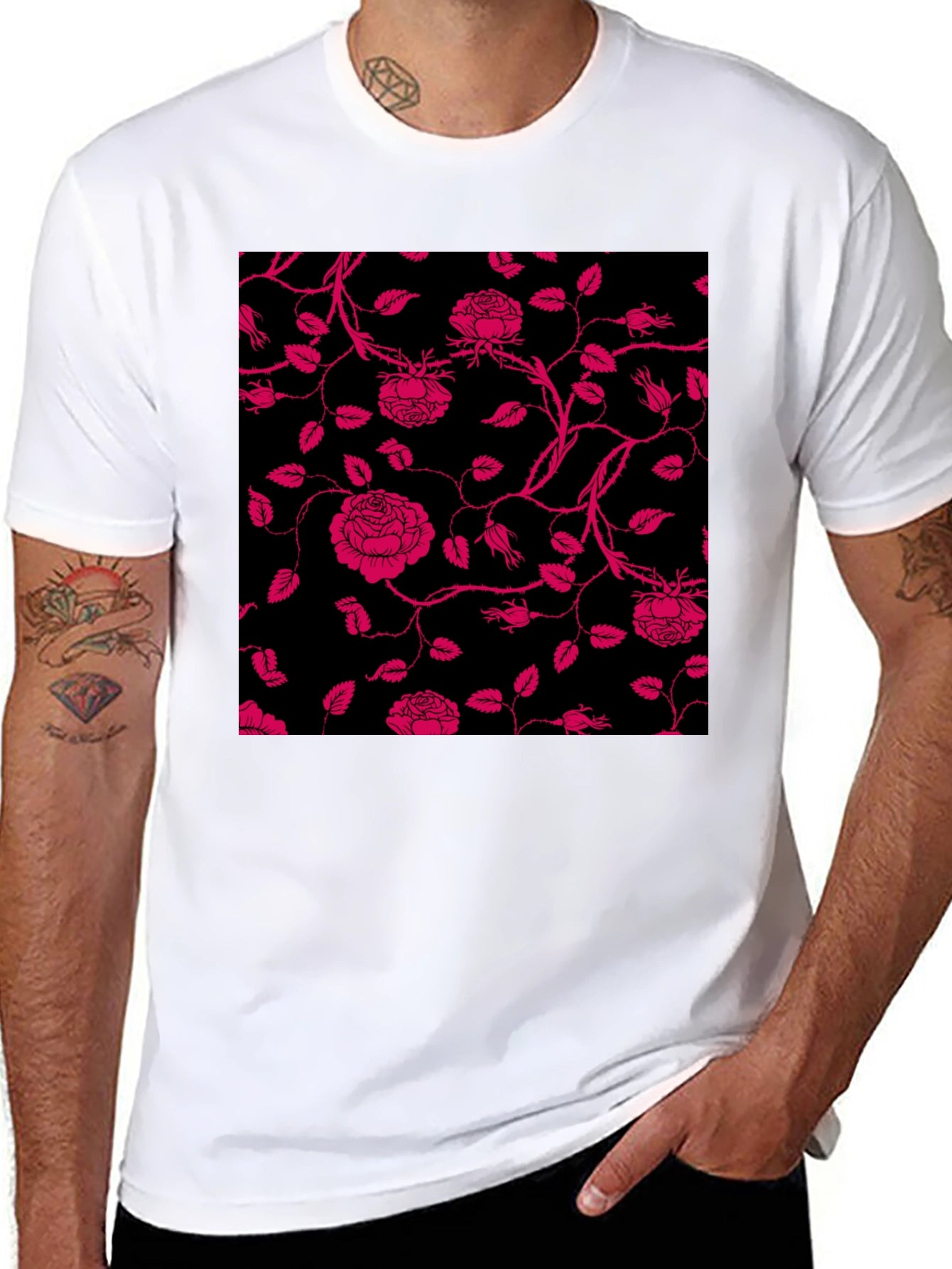 Floral Rose Print T-Shirt - Black