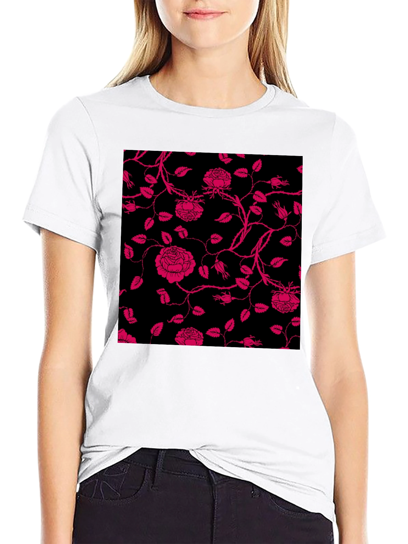 Floral Rose Print T-Shirt - Black