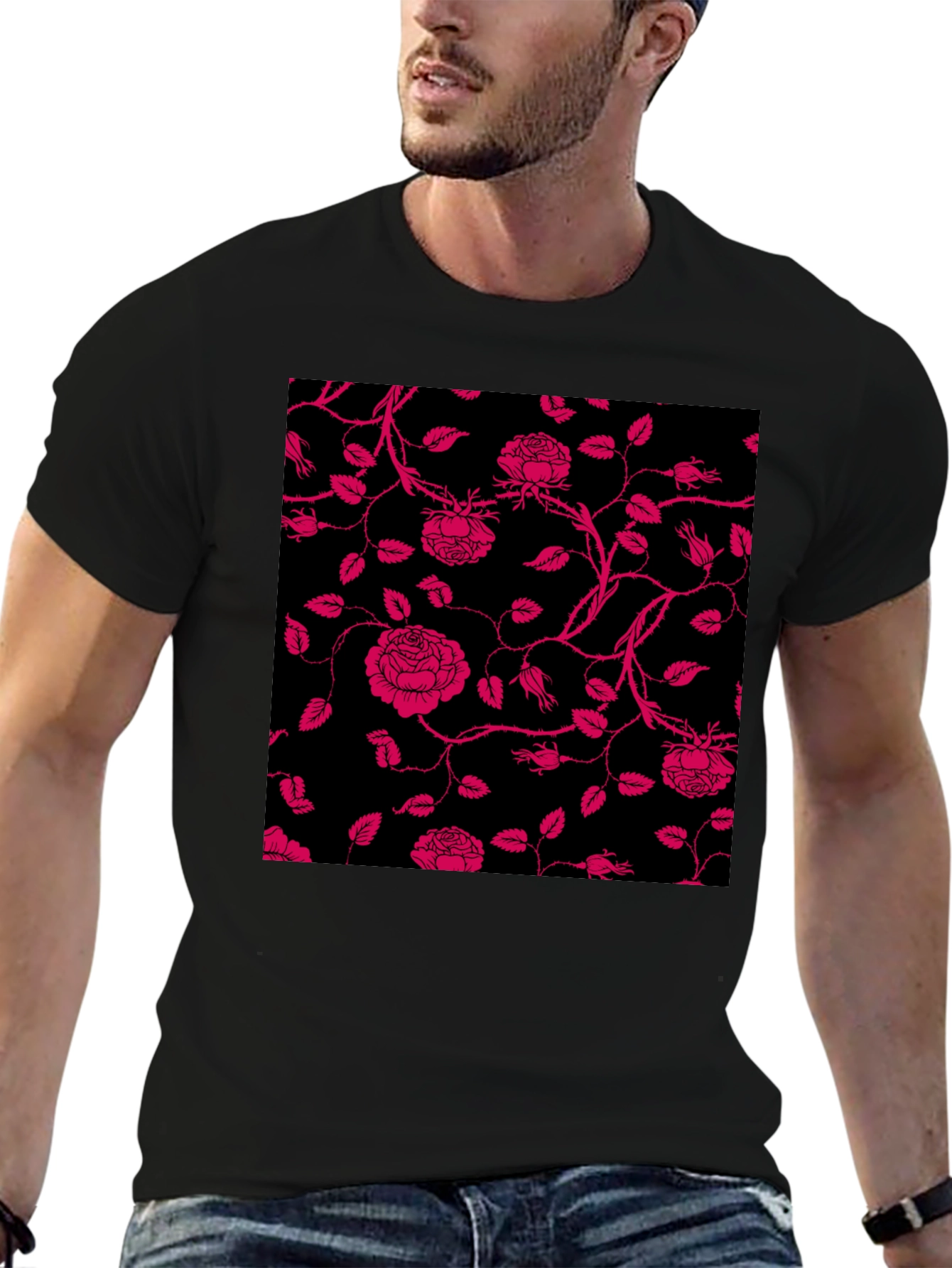 Floral Rose Print T-Shirt - Black