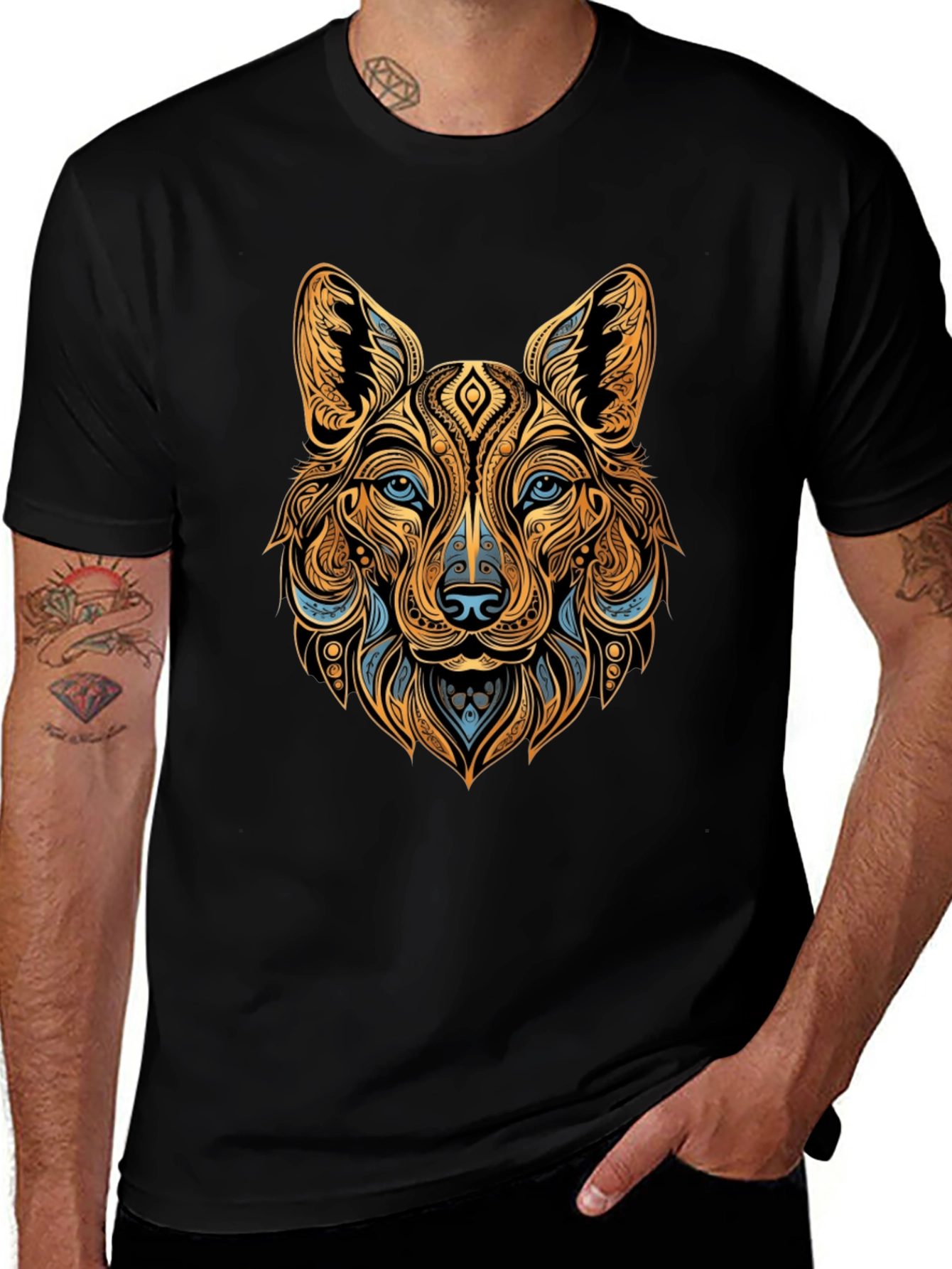 Tribal Wolf Graphic Black Tee - Unique Animal Print