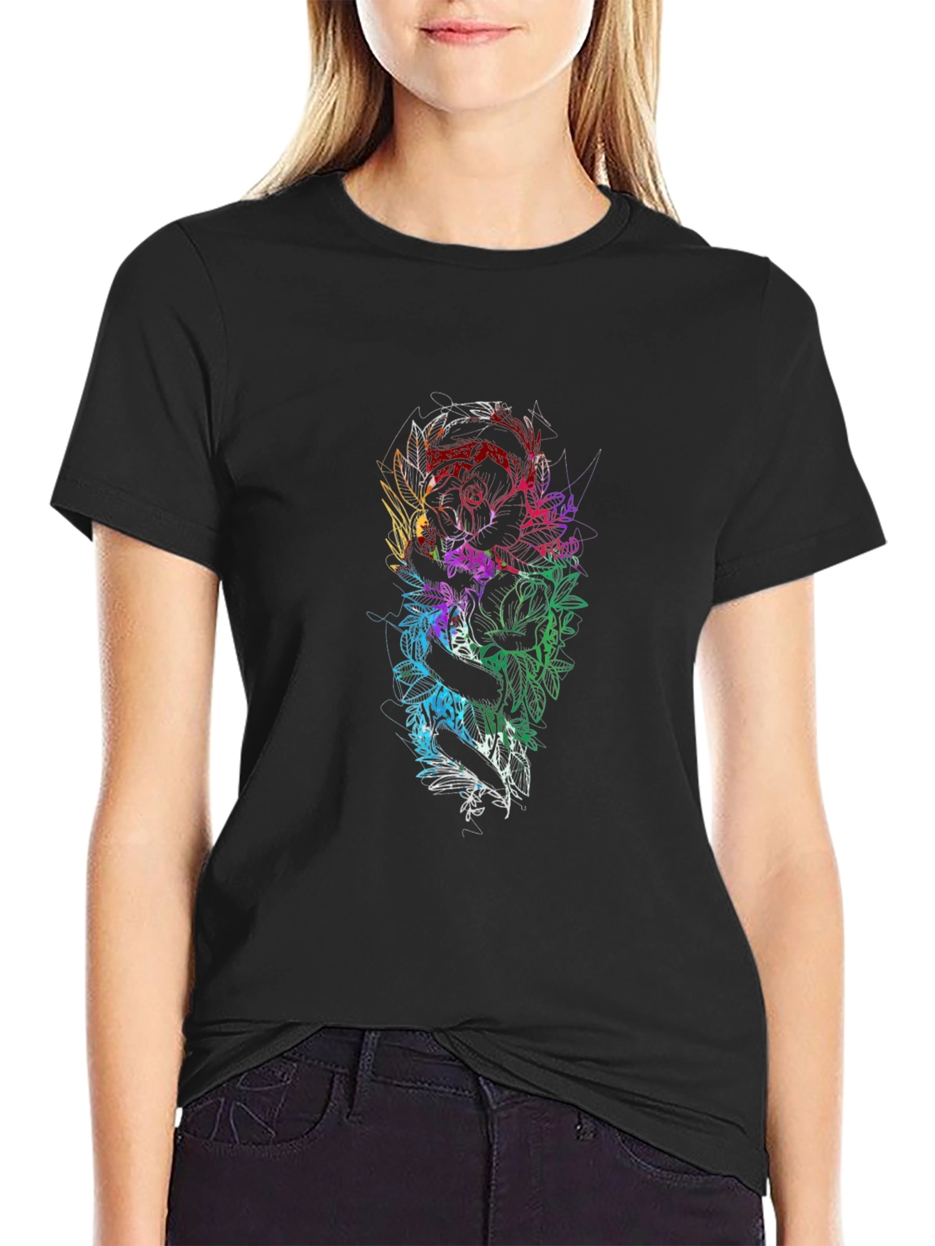 Floral Snake Graphic Black T-Shirt