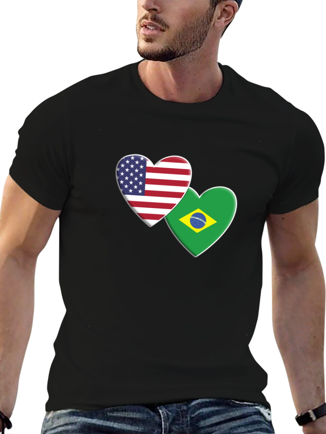USA & Brazil Hearts T-Shirt - Black Graphic Tee