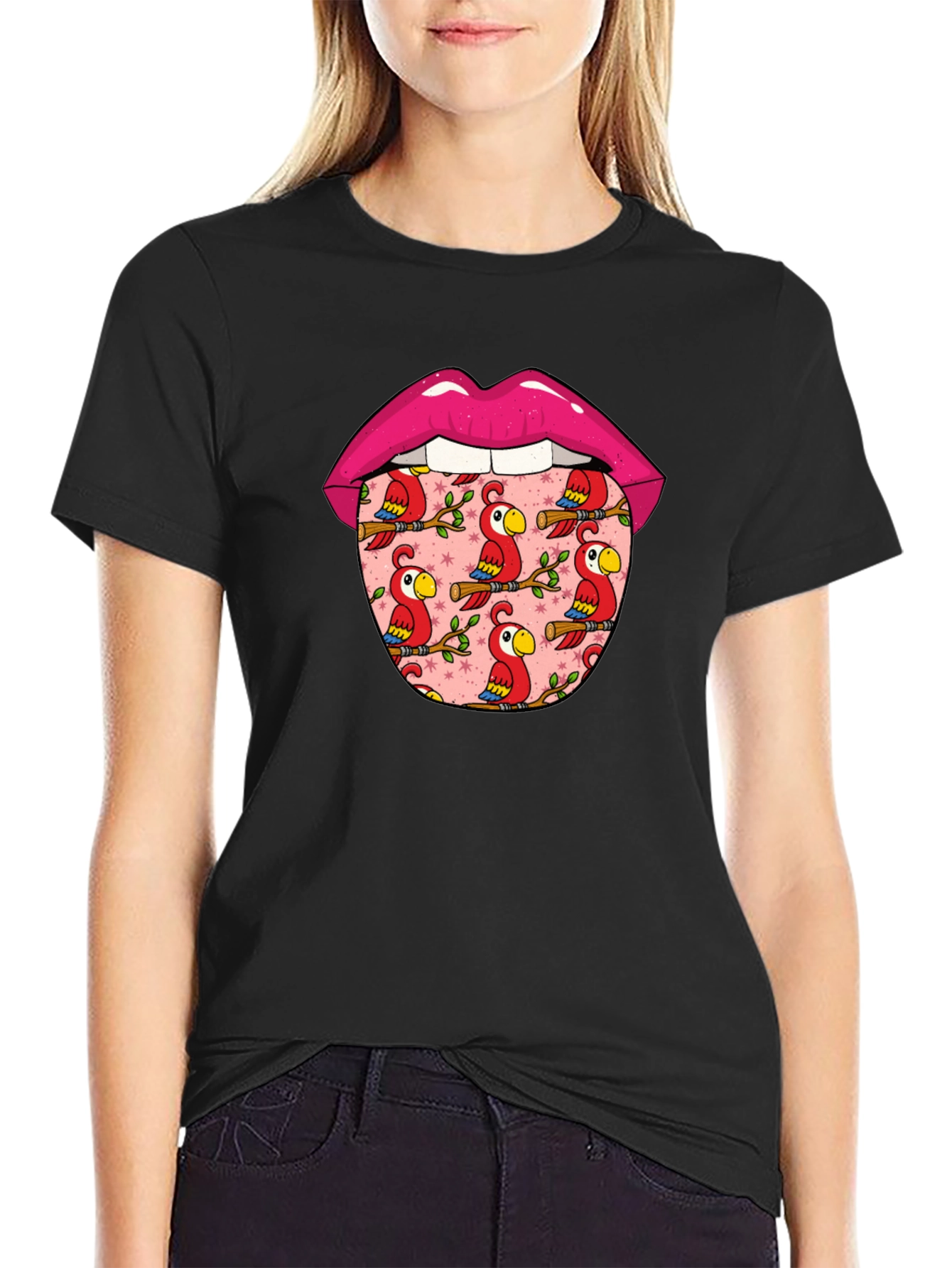 Lips with Parrots Graphic Tee - Unique Design