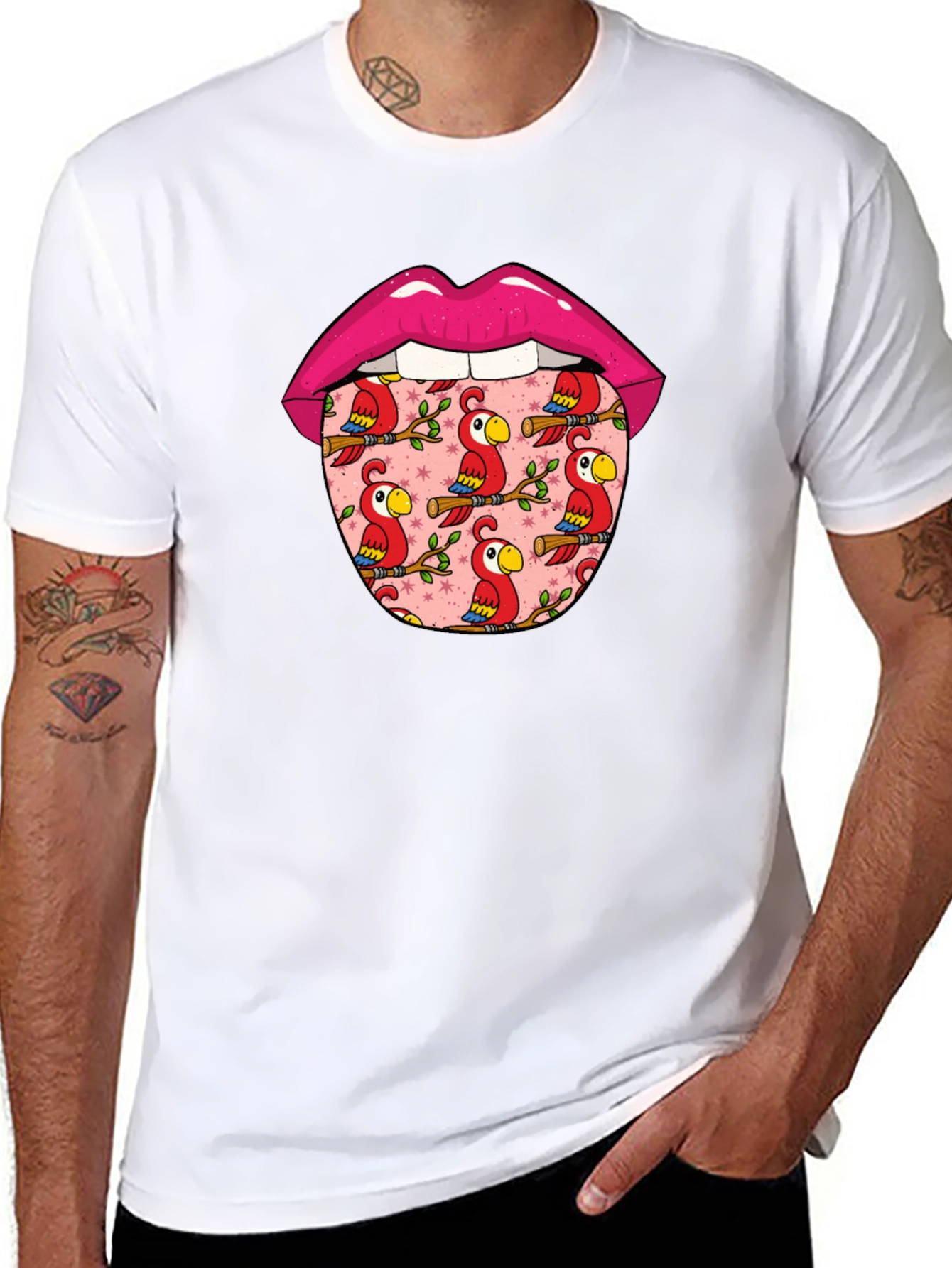 Lips with Parrots Graphic Tee - Unique Design