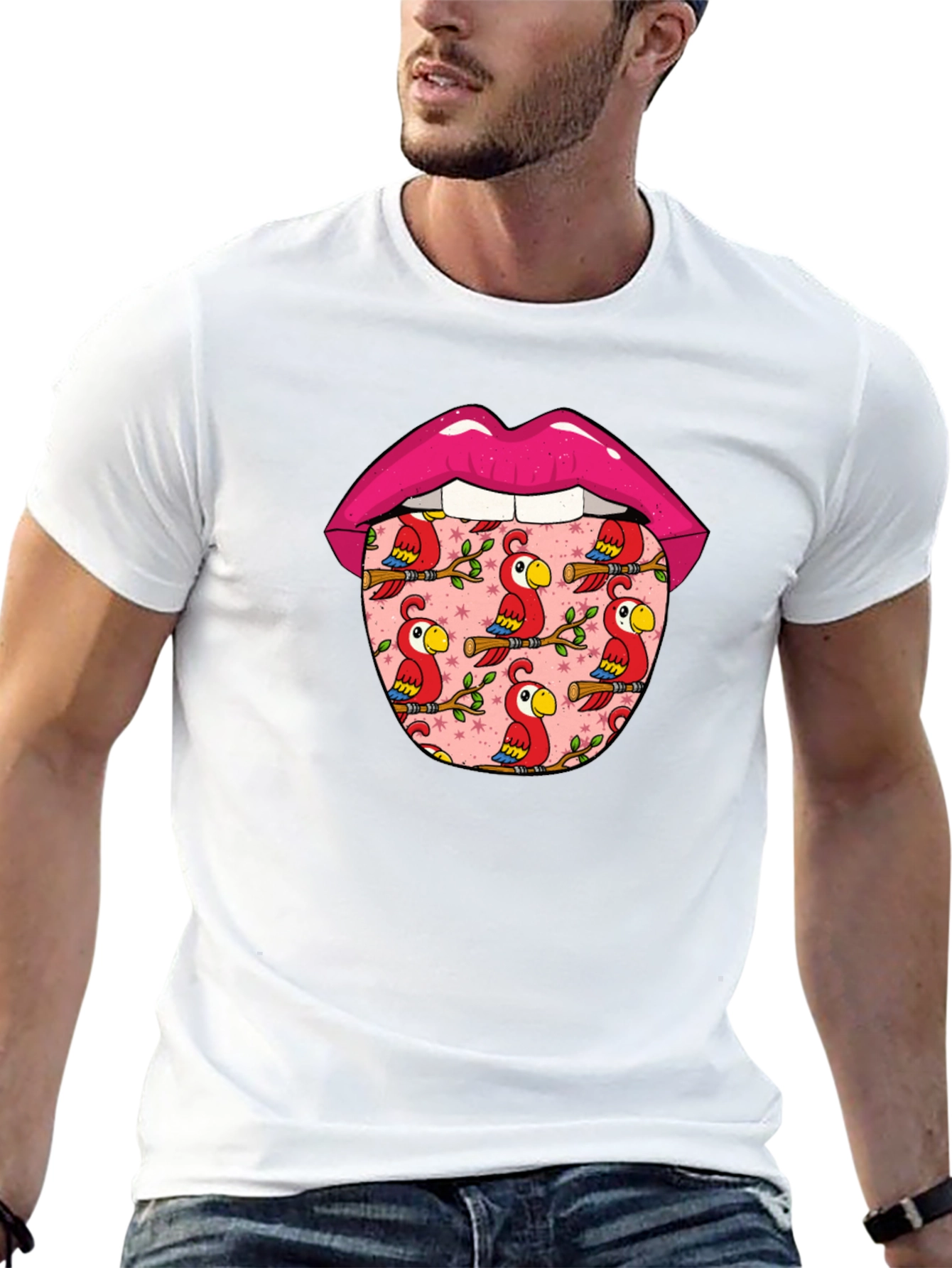 Lips with Parrots Graphic Tee - Unique Design