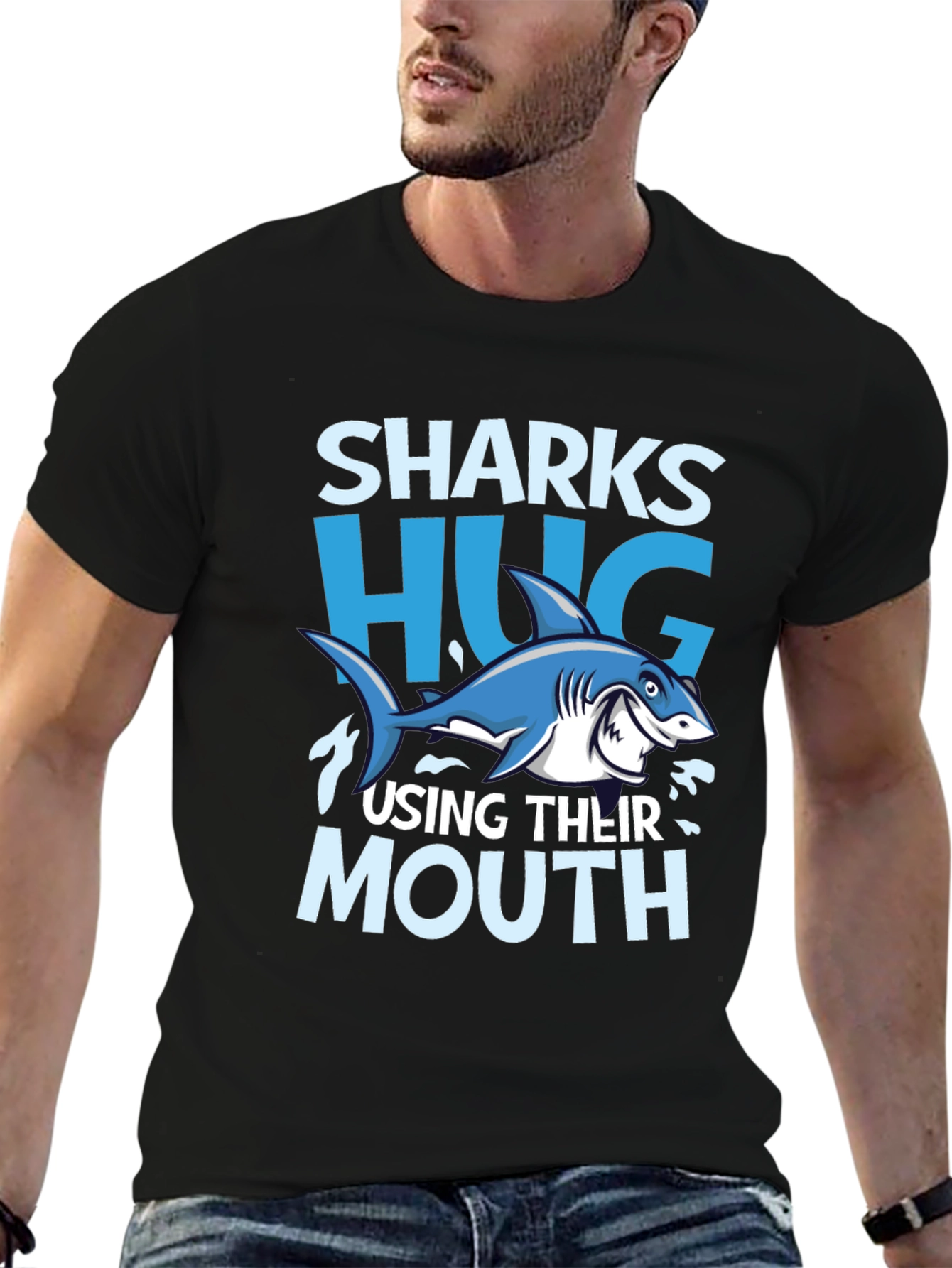 Funny Sharks Hug with Mouth Black T-Shirt