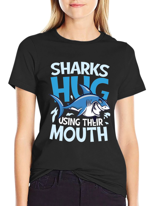 Funny Sharks Hug with Mouth Black T-Shirt