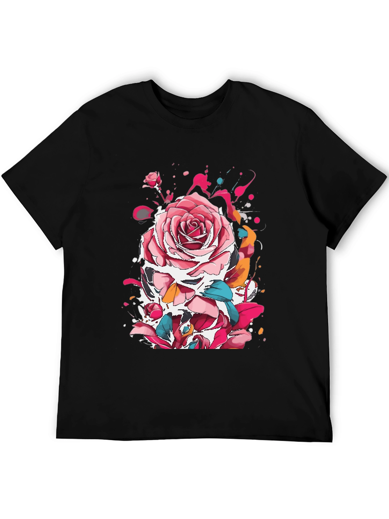 Rose Ink Splatter Graphic Black T-Shirt