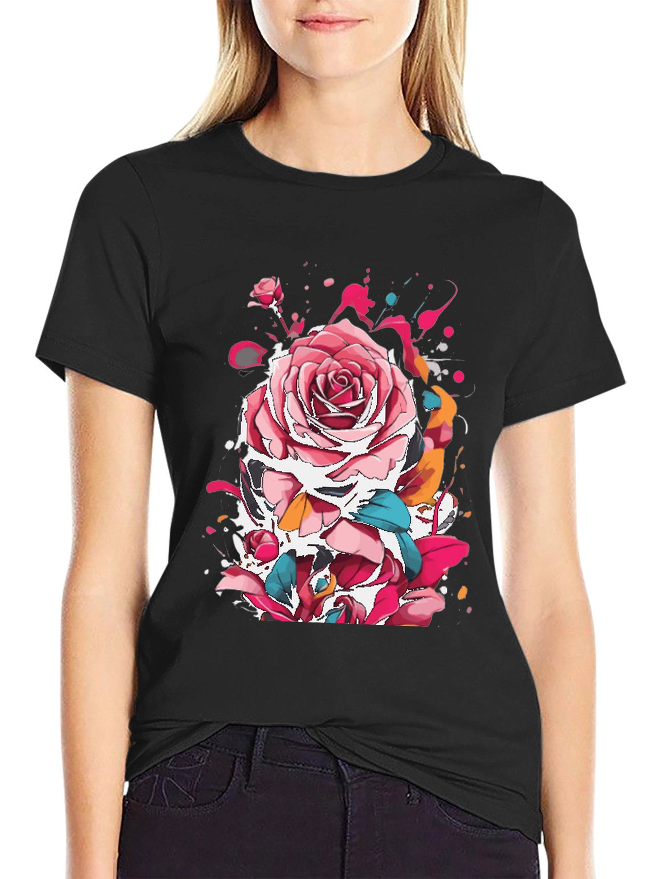Rose Ink Splatter Graphic Black T-Shirt