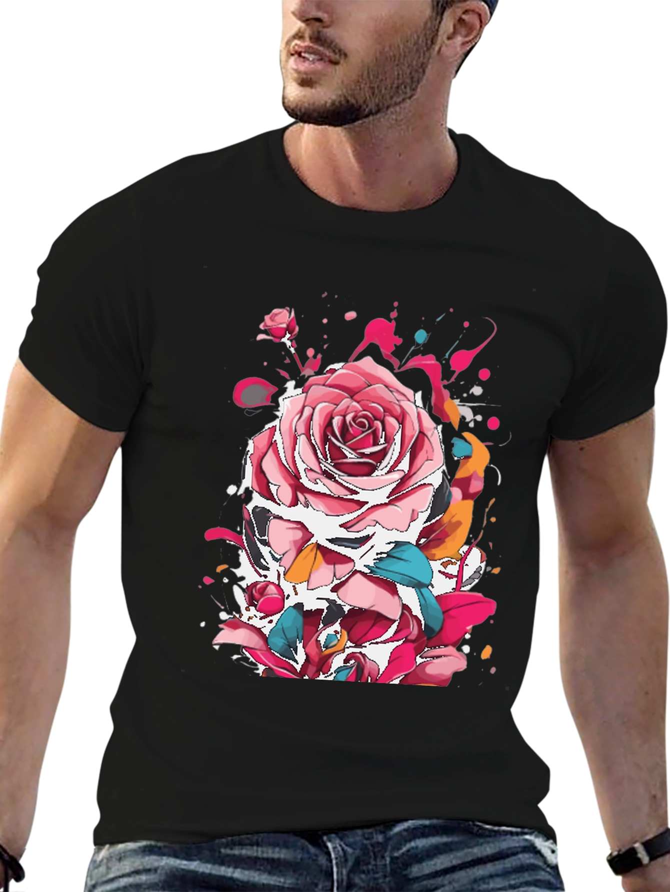 Rose Ink Splatter Graphic Black T-Shirt