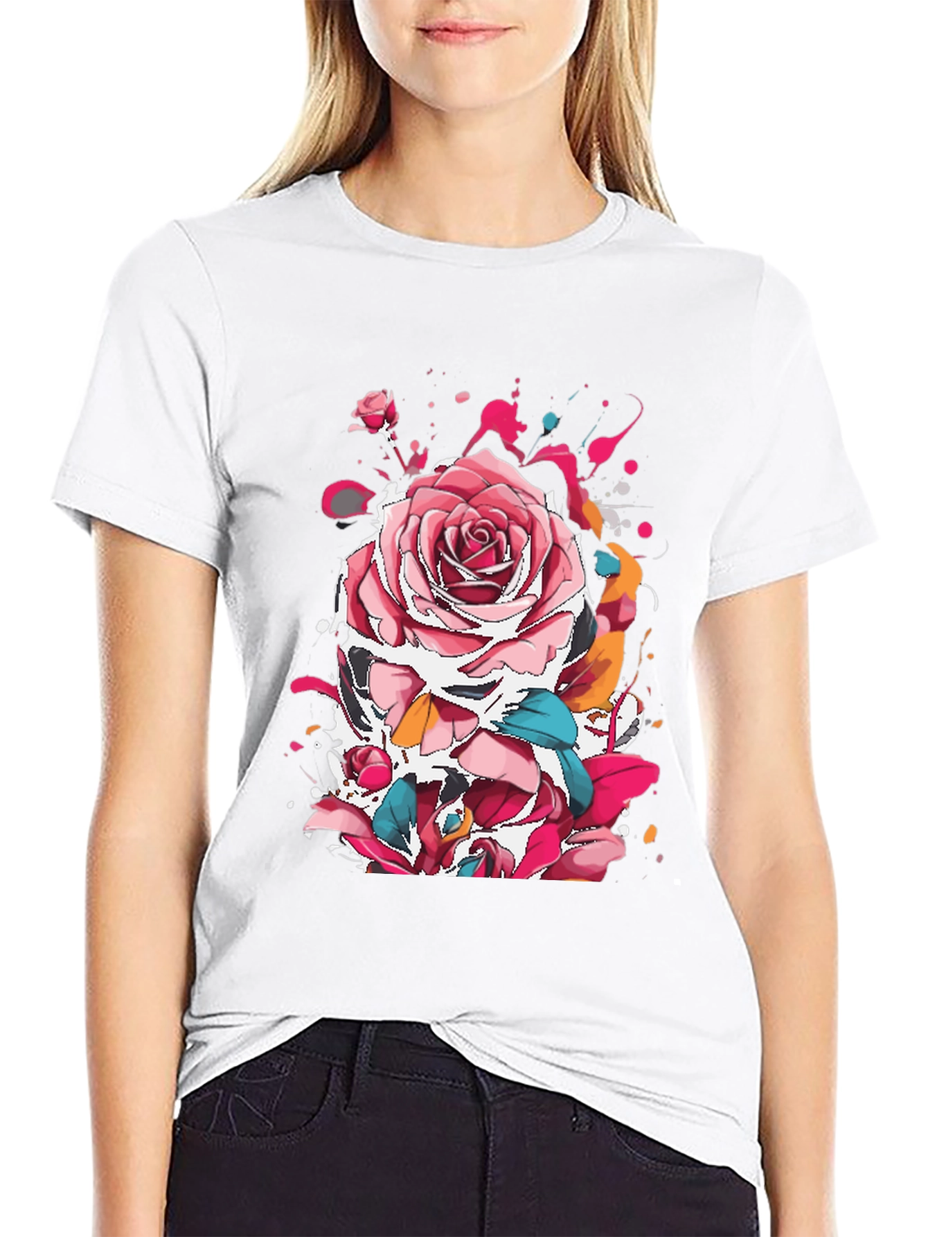 Rose Ink Splatter Graphic Black T-Shirt