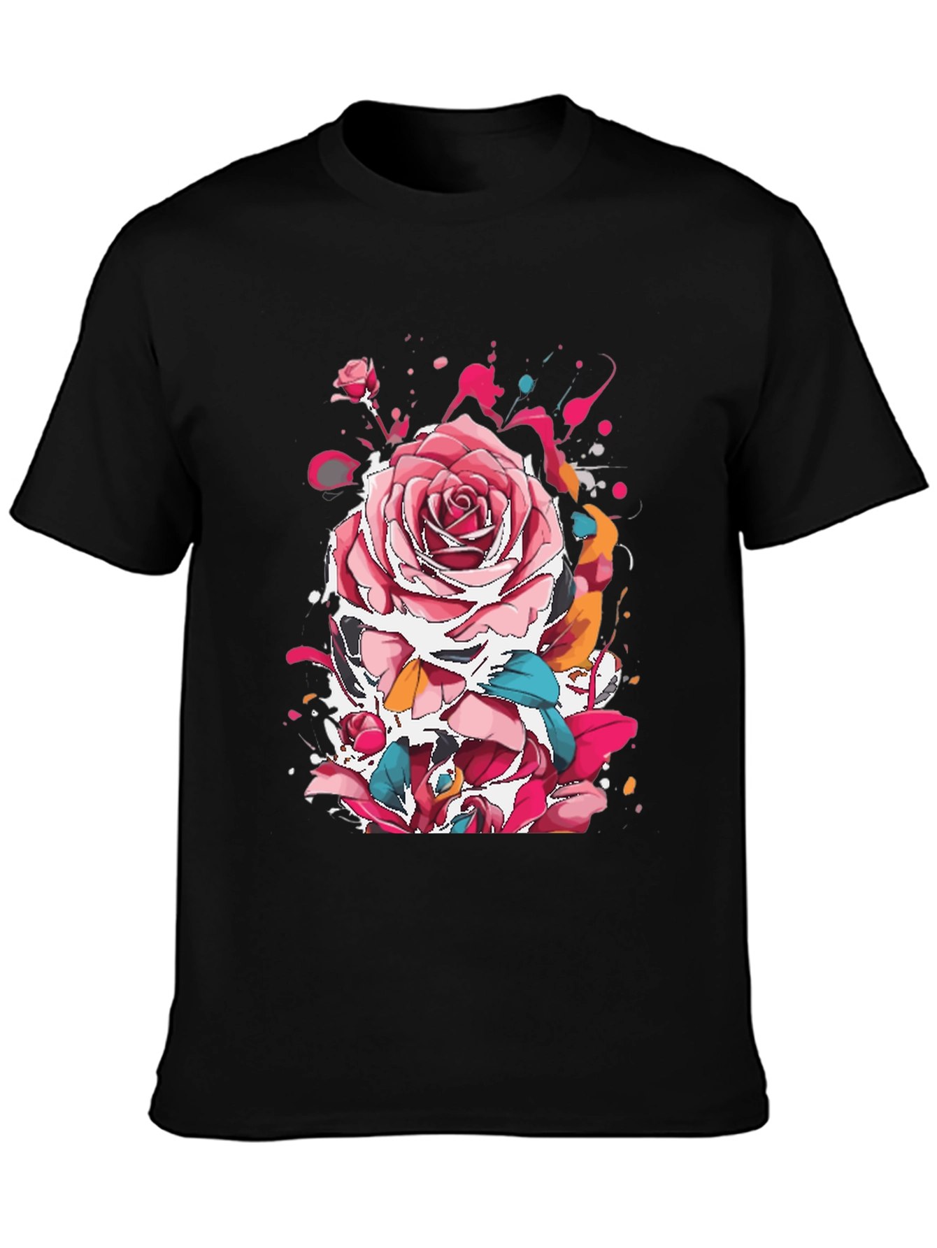 Rose Ink Splatter Graphic Black T-Shirt