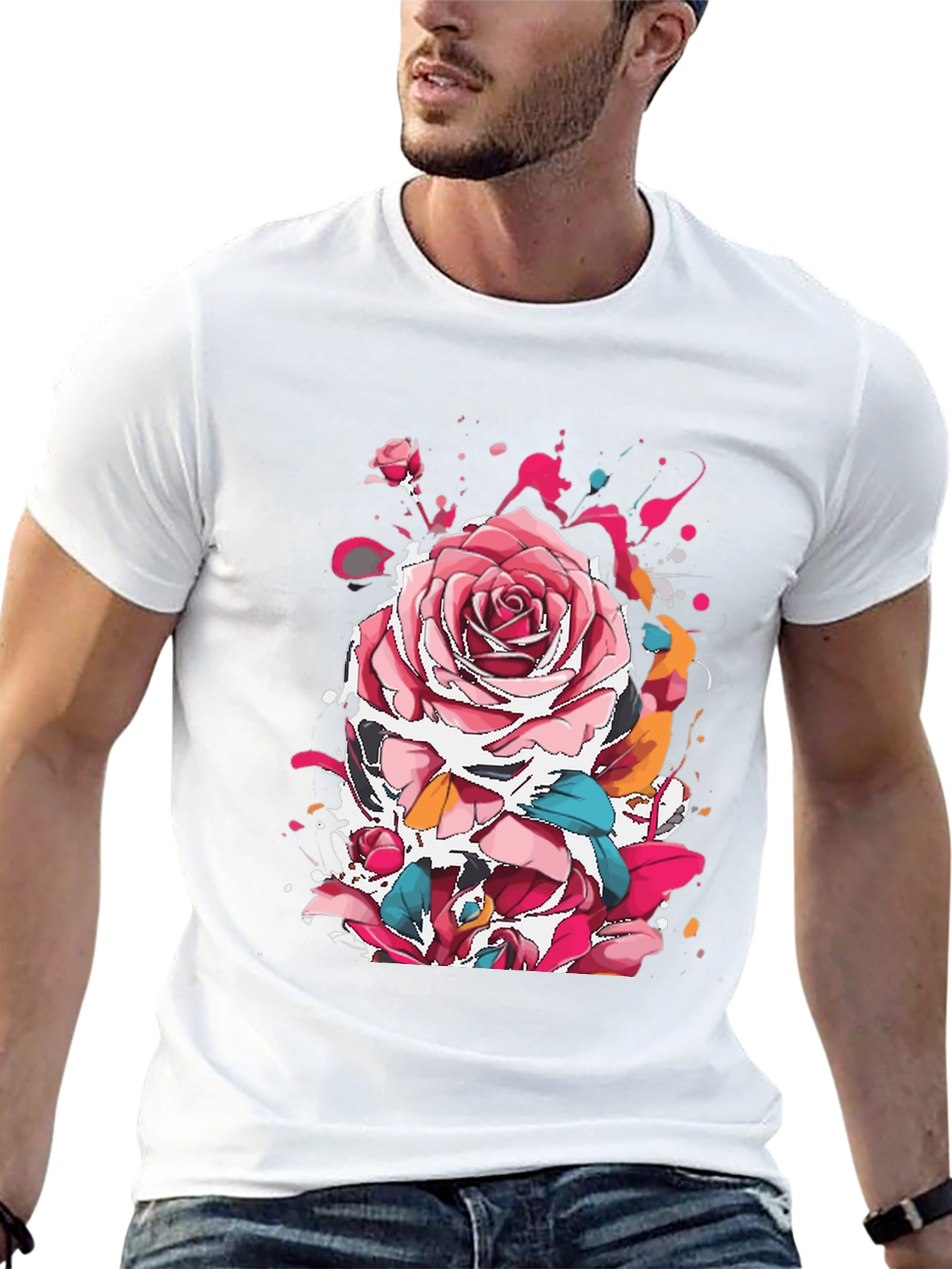 Rose Ink Splatter Graphic Black T-Shirt