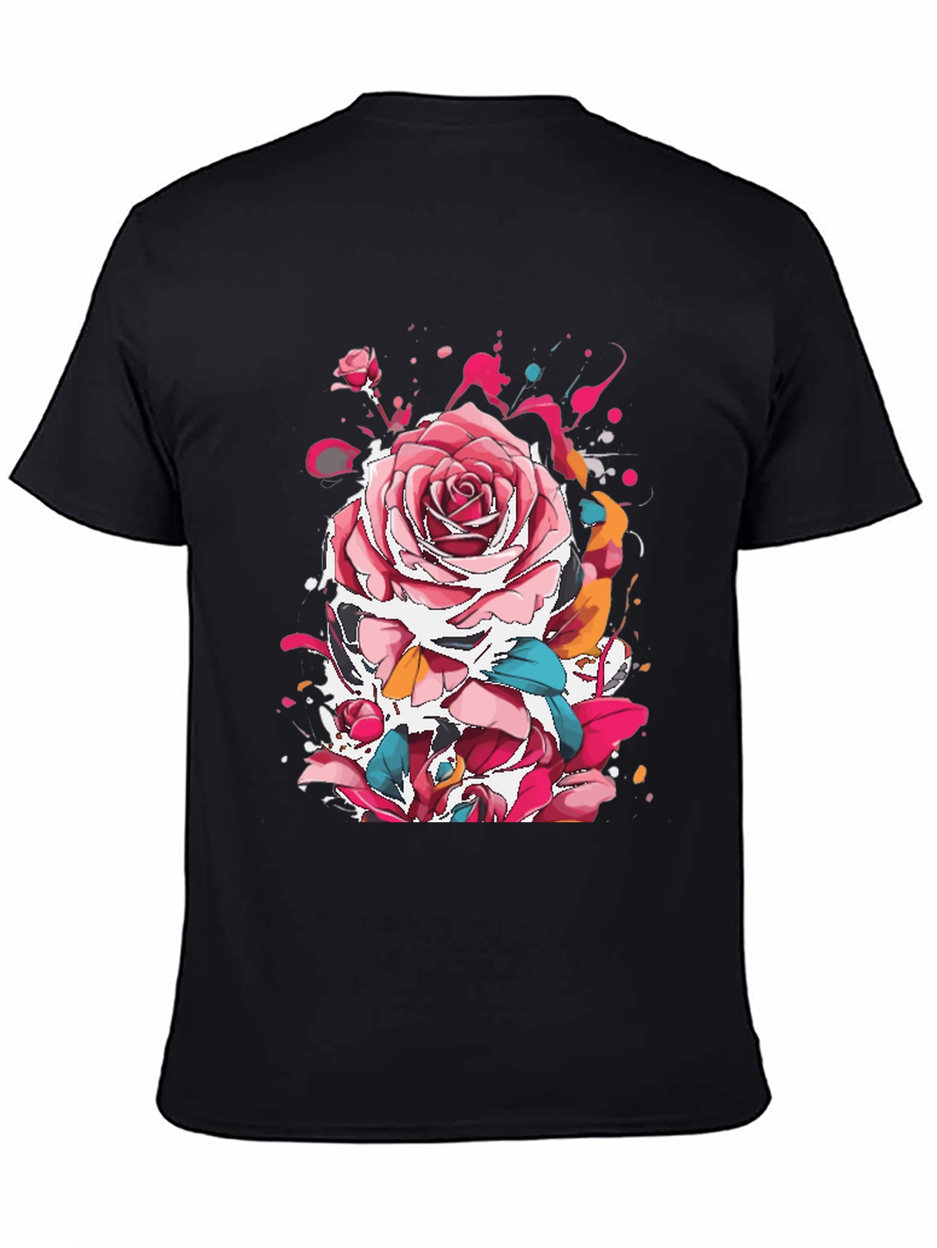 Rose Ink Splatter Graphic Black T-Shirt